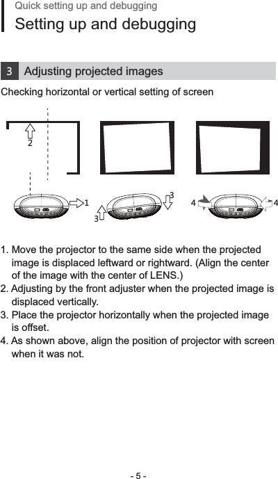 - 5 -Quick setting up and debuggingSetting up and debuggingAdjusting projected images3Checking horizontal or vertical setting of screen2334411. Move the projector to the same side when the projected     image is displaced leftward or rightward. (Align the center     of the image with the center of LENS.)2. Adjusting by the front adjuster when the projected image is     displaced vertically. 3. Place the projector horizontally when the projected image     is offset.4. As shown above, align the position of projector with screen     when it was not.