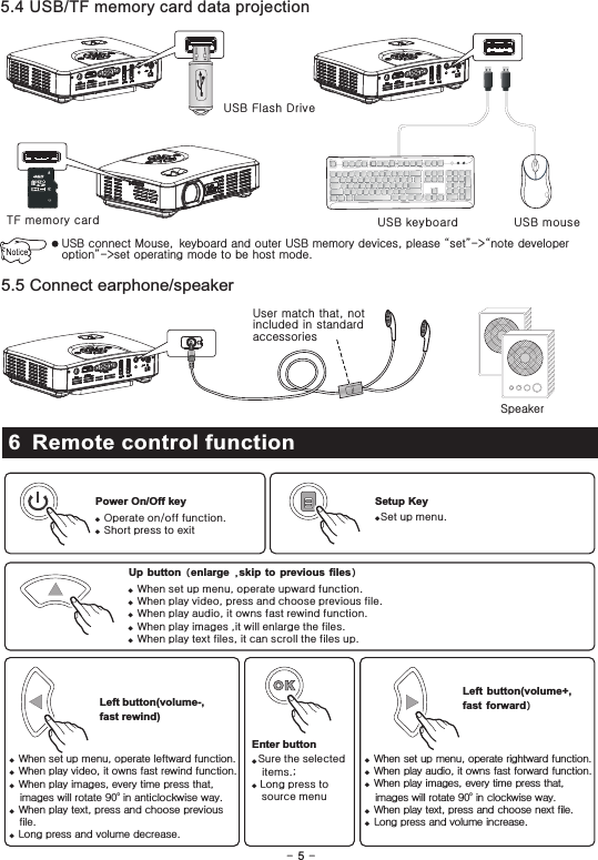 - 5 -5.5 Connect earphone/speakerUser match that, not included in standard accessories5.4 USB/TF memory card data projectionUSB Flash DriveSpeakerUSB keyboard USB mouseUSB connect Mouse, keyboard and outer USB memory devices, please “set”-&gt;“note developer option”-&gt;set operating mode to be host mode.TF memory card6 Remote control functionPower On/Off key Setup Key◆ Set up menu.◆ ◆  Operate on/off function. Short press to exitEnter buttonSure the selected    items.;Long press to   source menu◆ ◆  Left button(volume-,fast rewind)Up button (enlarge ,skip to previous files)◆ ◆ ◆ ◆ ◆   When set up menu, operate upward function. When play video, press and choose previous file. When play audio, it owns fast rewind function. When play images ,it will enlarge the files.When play text files, it can scroll the files up.Left button(volume+,fast forward)◆  ◆  ◆  ◆  ◆  When set up menu, operate rightward function.When play audio, it owns fast forward function.When play images, every time press that,o   images will rotate 90  in clockwise way.When play text, press and choose next file.Long press and volume increase.◆  When set up menu, operate leftward function.◆  When play video, it owns fast rewind function.◆  When play images, every time press that, o   images will rotate 90  in anticlockwise way.◆  When play text, press and choose previous   file.◆  Long press and volume decrease.