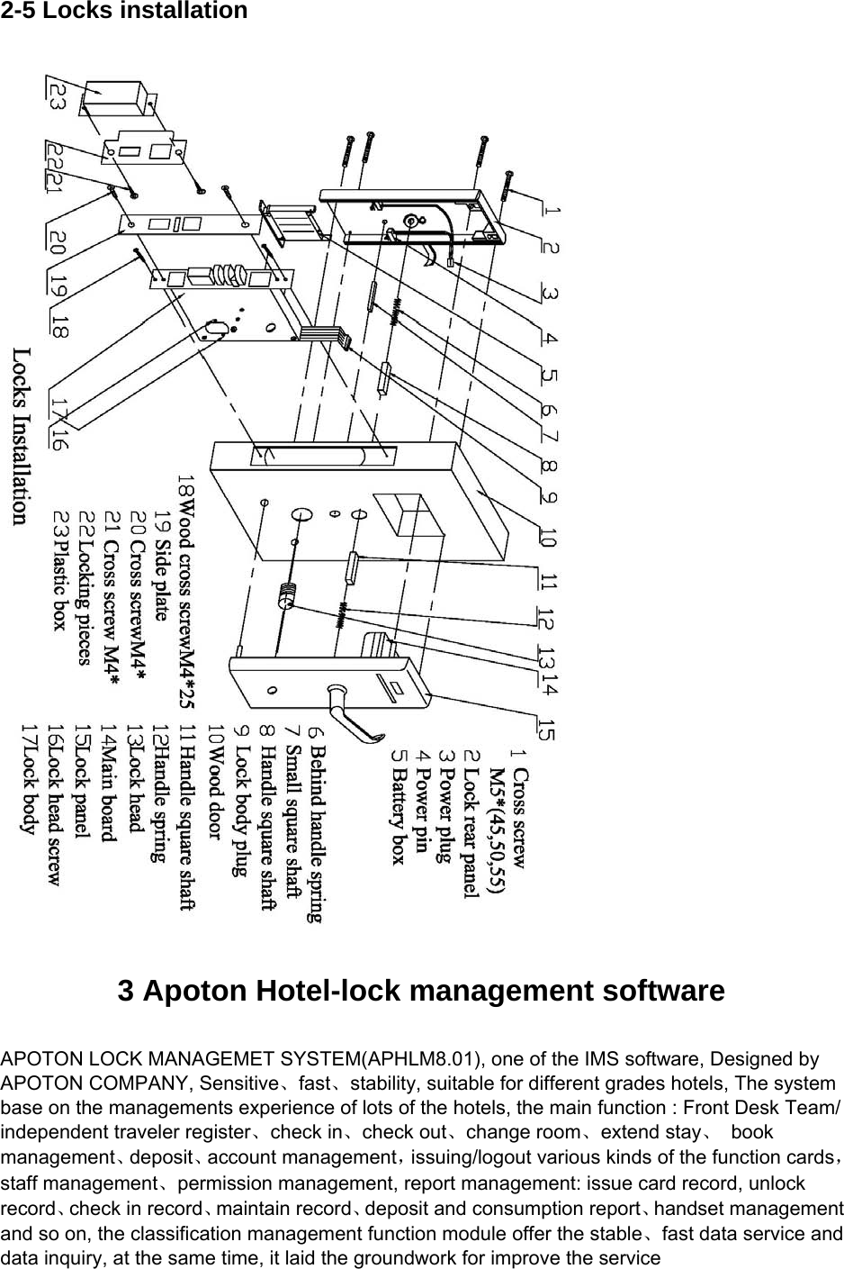 2-5 Locks installation  3 Apoton Hotel-lock management software APOTON LOCK MANAGEMET SYSTEM(APHLM8.01), one of the IMS software, Designed by APOTON COMPANY, Sensitive、fast、stability, suitable for different grades hotels, The system base on the managements experience of lots of the hotels, the main function : Front Desk Team/ independent traveler register、check in、check out、change room、extend stay、 book management、deposit、account management，issuing/logout various kinds of the function cards，staff management、permission management, report management: issue card record, unlock record、check in record、maintain record、deposit and consumption report、handset management and so on, the classification management function module offer the stable、fast data service and data inquiry, at the same time, it laid the groundwork for improve the service   