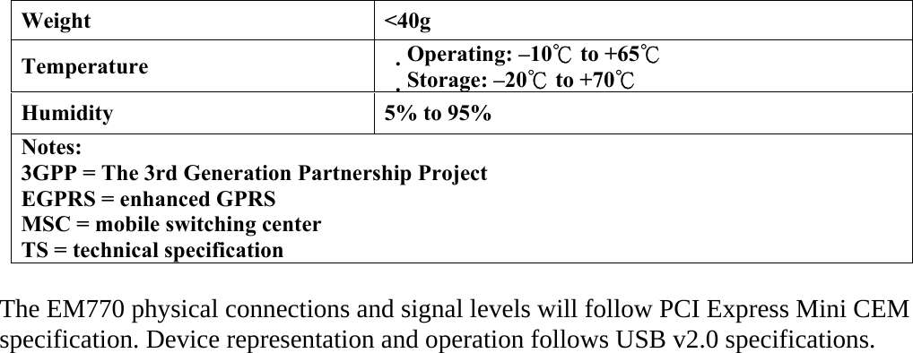 Weight &lt;40g Temperature  Operating: 　–10  ℃to +65℃ Storage: 　–20  ℃to +70℃ Humidity  5% to 95% Notes: 3GPP = The 3rd Generation Partnership Project EGPRS = enhanced GPRS MSC = mobile switching center TS = technical specification  The EM770 physical connections and signal levels will follow PCI Express Mini CEM specification. Device representation and operation follows USB v2.0 specifications.  