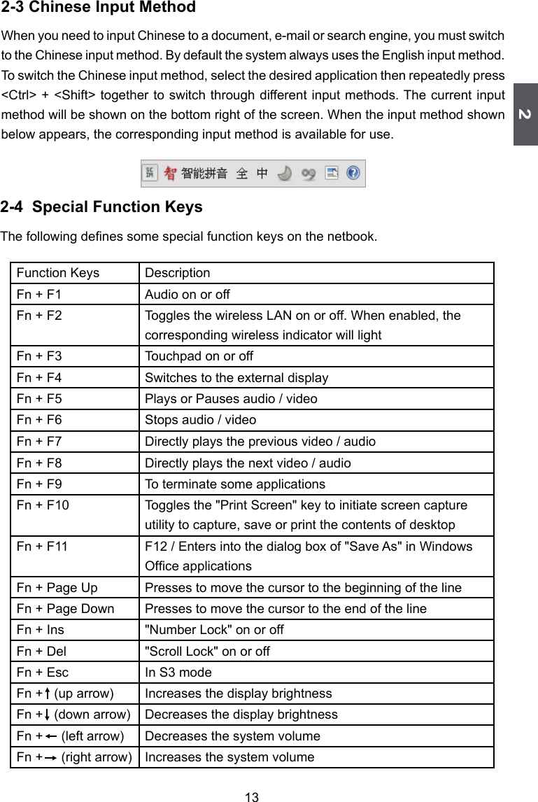 2132-3 Chinese Input MethodWhen you need to input Chinese to a document, e-mail or search engine, you must switch to the Chinese input method. By default the system always uses the English input method. To switch the Chinese input method, select the desired application then repeatedly press &lt;Ctrl&gt; + &lt;Shift&gt; together to switch through different input methods. The current input method will be shown on the bottom right of the screen. When the input method shown below appears, the corresponding input method is available for use.2-4  Special Function KeysThe following denes some special function keys on the netbook.Function Keys DescriptionFn + F1 Audio on or offFn + F2 Toggles the wireless LAN on or off. When enabled, the corresponding wireless indicator will lightFn + F3 Touchpad on or offFn + F4 Switches to the external displayFn + F5 Plays or Pauses audio / videoFn + F6 Stops audio / videoFn + F7 Directly plays the previous video / audioFn + F8 Directly plays the next video / audioFn + F9 To terminate some applicationsFn + F10 Toggles the &quot;Print Screen&quot; key to initiate screen capture utility to capture, save or print the contents of desktopFn + F11 F12 / Enters into the dialog box of &quot;Save As&quot; in Windows Ofce applicationsFn + Page Up Presses to move the cursor to the beginning of the lineFn + Page Down Presses to move the cursor to the end of the lineFn + Ins &quot;Number Lock&quot; on or offFn + Del &quot;Scroll Lock&quot; on or offFn + Esc In S3 modeFn +   (up arrow) Increases the display brightnessFn +   (down arrow) Decreases the display brightnessFn +     (left arrow) Decreases the system volumeFn +     (right arrow) Increases the system volume