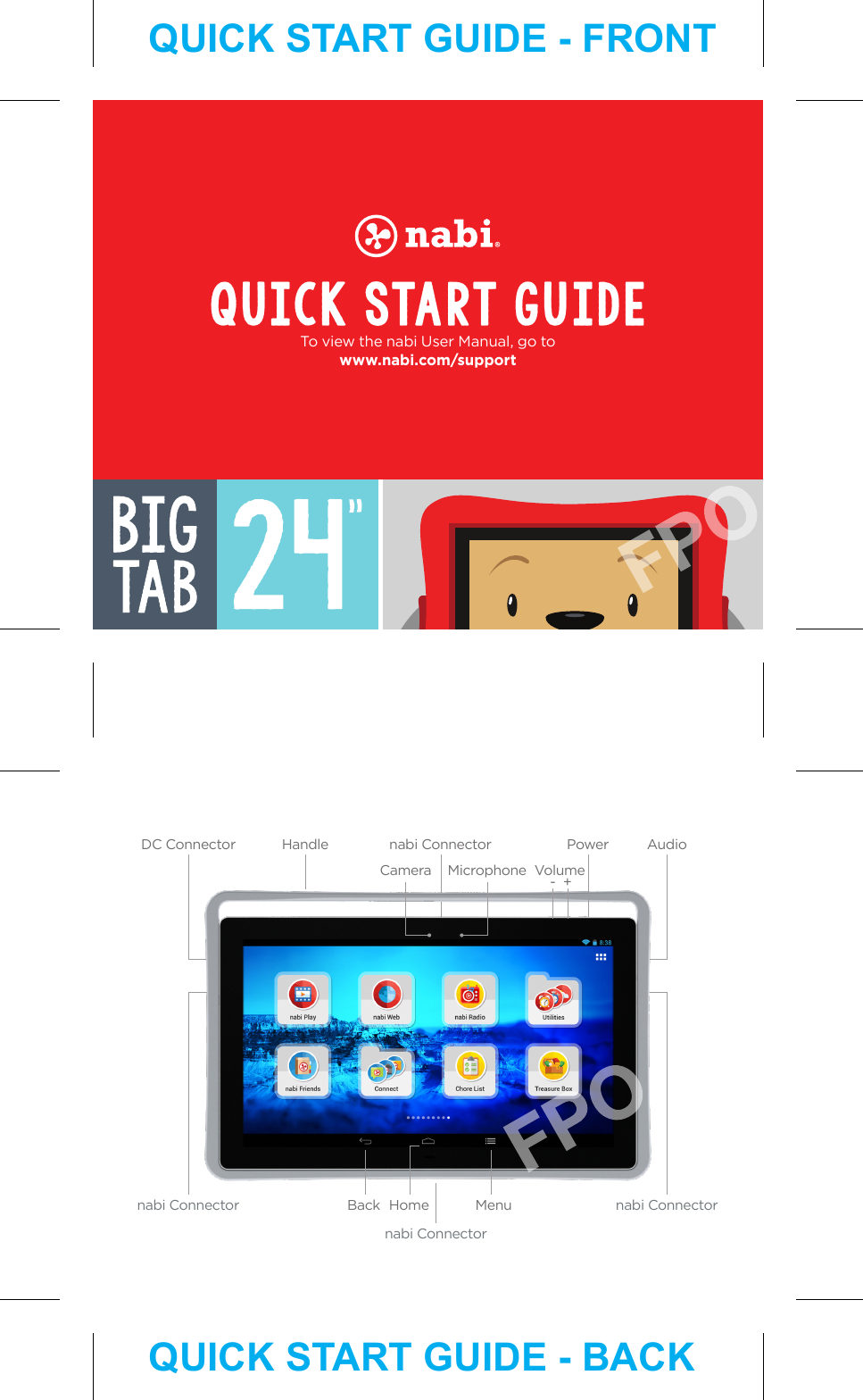 To view the nabi User Manual, go towww.nabi.com/supportQUICK START GUIDEnabi Connectornabi Connector nabi ConnectorDC Connector Audionabi ConnectorVolume- +PowerHandleMicrophoneCameraMenuHomeBackQUICK START GUIDE - FRONTQUICK START GUIDE - BACK