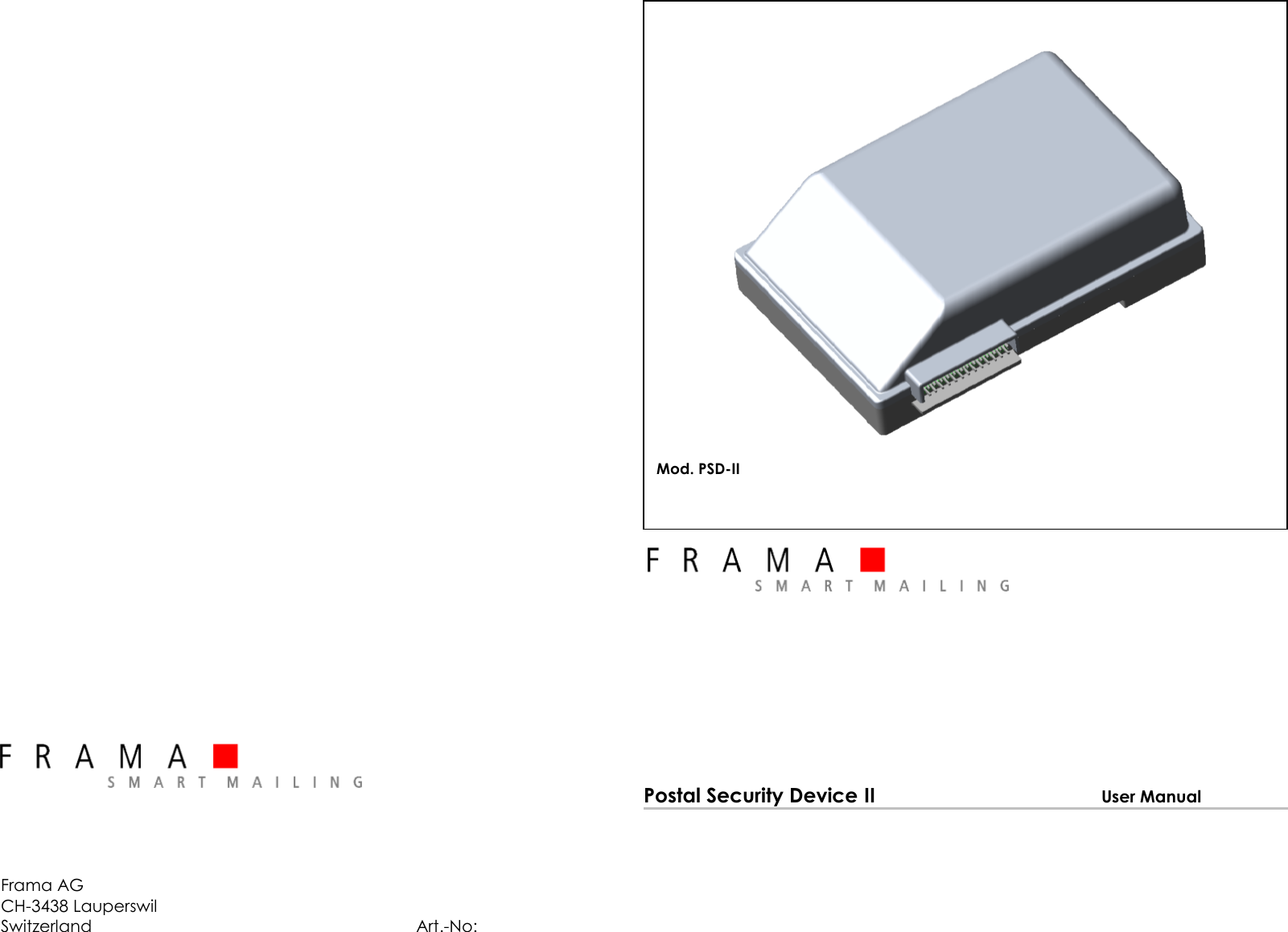 Frama AGCH-3438 LauperswilSwitzerland Art.-No:Postal Security Device II User ManualMod. PSD-II