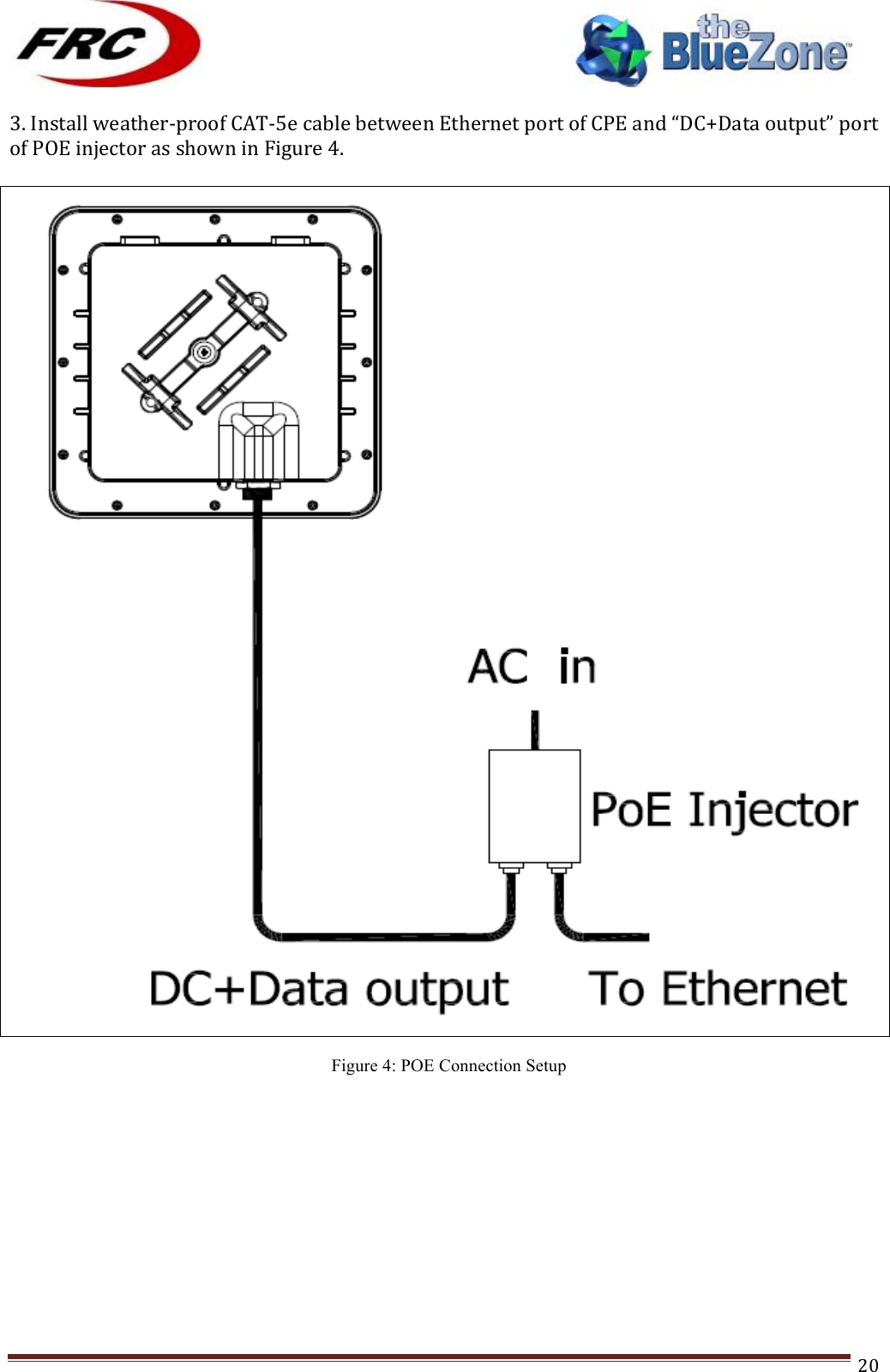 ! !! !!!!!!!!!!!!!!!!!!!!!!!!! !!!20!3.!Install!weatherJproof!CATJ5e!cable!between!Ethernet!port!of!CPE!and!“DC+Data!output”!port!of!POE!injector!as!shown!in!Figure!4.!!!Figure 4: POE Connection Setup !!!!!!