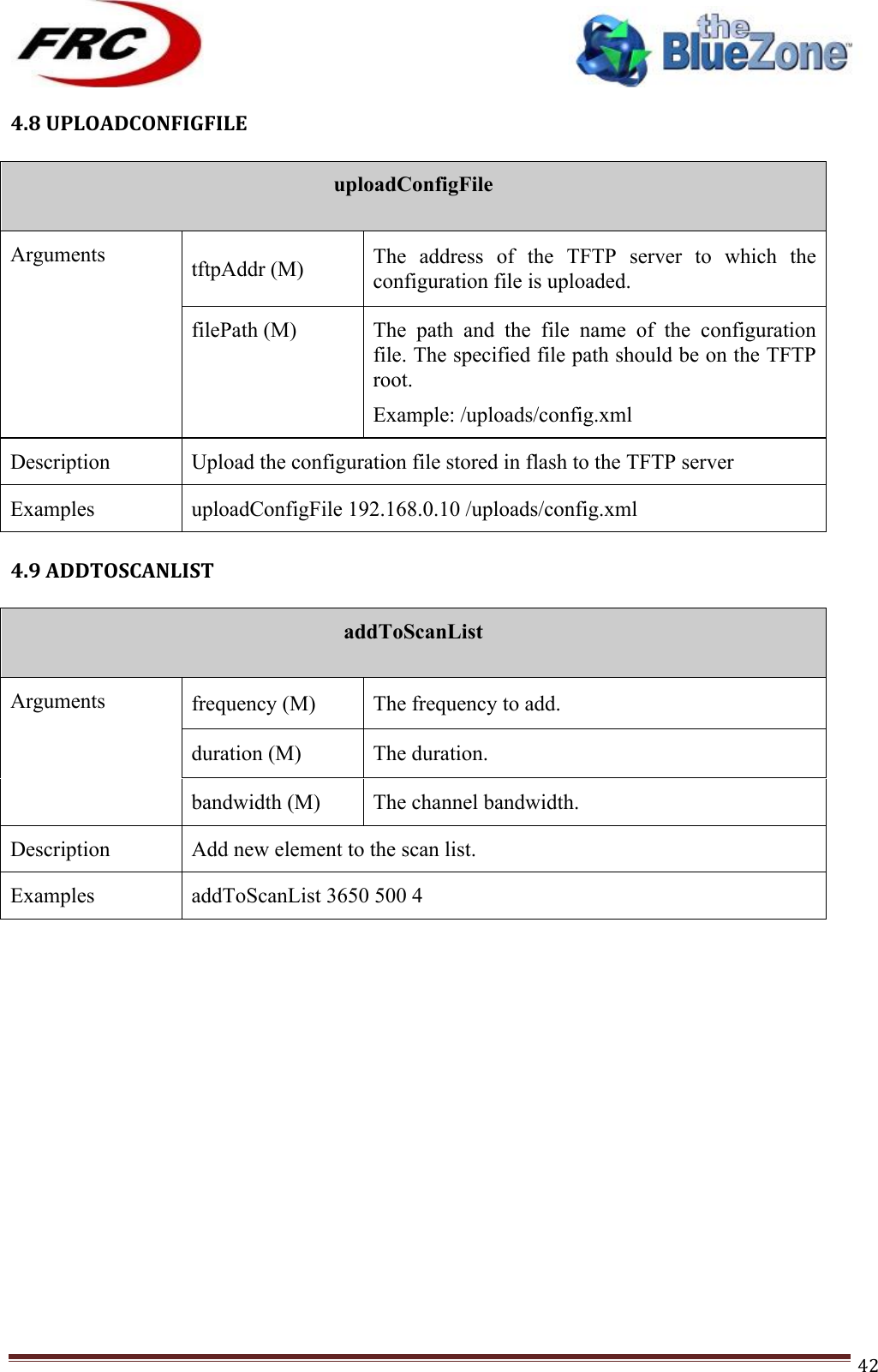 ! !! !!!!!!!!!!!!!!!!!!!!!!!!! !!!42!4.8!UPLOADCONFIGFILE!!uploadConfigFile  Arguments tftpAddr (M) The  address  of  the  TFTP  server  to  which  the configuration file is uploaded.  filePath (M) The  path  and  the  file  name  of  the  configuration file. The specified file path should be on the TFTP root. Example: /uploads/config.xml Description Upload the configuration file stored in flash to the TFTP server Examples uploadConfigFile 192.168.0.10 /uploads/config.xml !4.9!ADDTOSCANLIST!!addToScanList  Arguments frequency (M) The frequency to add. duration (M) The duration. bandwidth (M) The channel bandwidth. Description Add new element to the scan list. Examples addToScanList 3650 500 4            