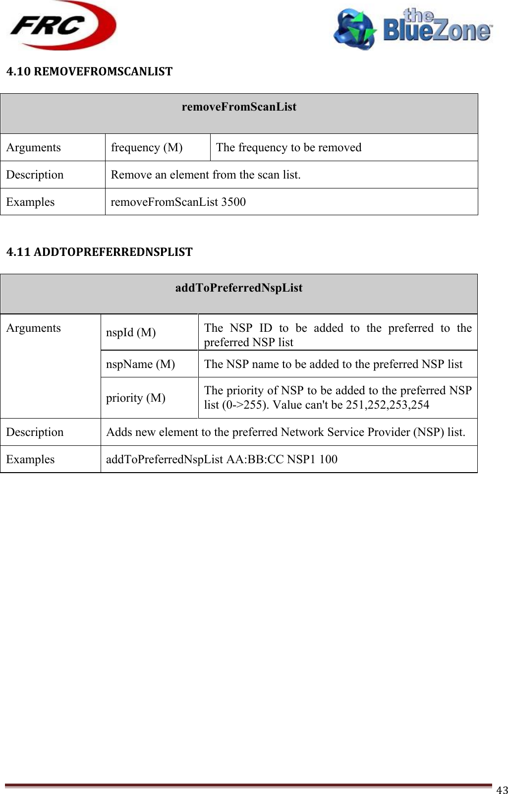 ! !! !!!!!!!!!!!!!!!!!!!!!!!!! !!!43!4.10!REMOVEFROMSCANLIST!!removeFromScanList  Arguments frequency (M) The frequency to be removed Description Remove an element from the scan list. Examples removeFromScanList 3500 !!4.11!ADDTOPREFERREDNSPLIST!!addToPreferredNspList  Arguments nspId (M) The  NSP  ID  to  be  added  to  the  preferred  to  the preferred NSP list nspName (M) The NSP name to be added to the preferred NSP list priority (M) The priority of NSP to be added to the preferred NSP list (0-&gt;255). Value can&apos;t be 251,252,253,254 Description Adds new element to the preferred Network Service Provider (NSP) list. Examples addToPreferredNspList AA:BB:CC NSP1 100 !!!!!!!!!!!!!!!!!!!!