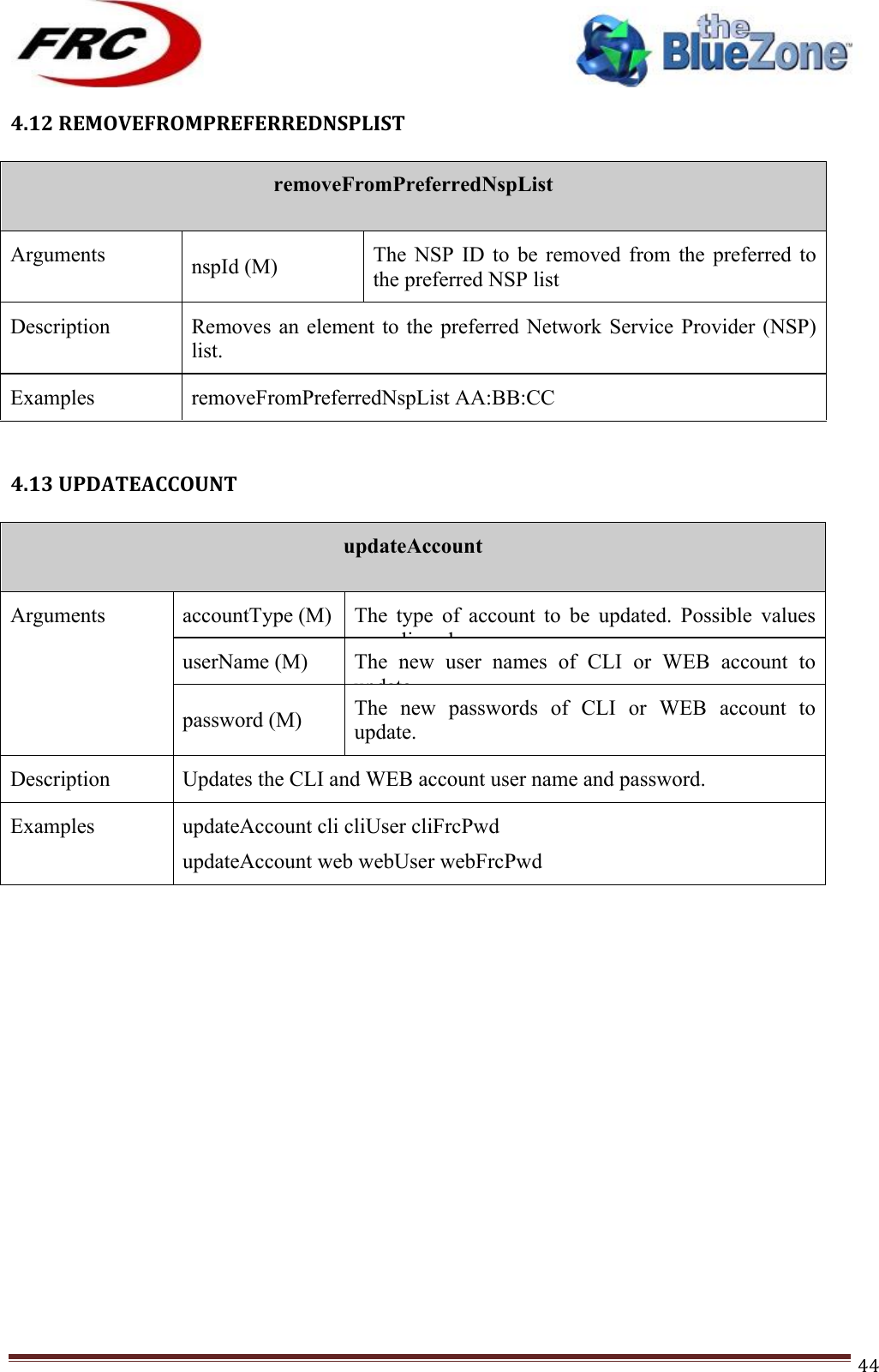 ! !! !!!!!!!!!!!!!!!!!!!!!!!!! !!!44!4.12!REMOVEFROMPREFERREDNSPLIST!!removeFromPreferredNspList  Arguments nspId (M) The  NSP  ID  to  be  removed  from  the  preferred  to the preferred NSP list Description Removes an element to the preferred Network  Service  Provider  (NSP) list. Examples removeFromPreferredNspList AA:BB:CC !!4.13!UPDATEACCOUNT!!updateAccount  Arguments accountType (M) The  type  of  account  to  be  updated.  Possible  values are: cli, web userName (M) The  new  user  names  of  CLI  or  WEB  account  to update. password (M) The  new  passwords  of  CLI  or  WEB  account  to update. Description Updates the CLI and WEB account user name and password. Examples updateAccount cli cliUser cliFrcPwd updateAccount web webUser webFrcPwd !!!!!!!!!!