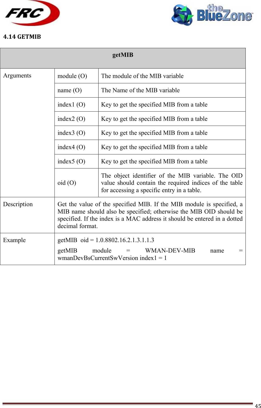 ! !! !!!!!!!!!!!!!!!!!!!!!!!!! !!!45!4.14!GETMIB!!getMIB  Arguments module (O) The module of the MIB variable name (O) The Name of the MIB variable index1 (O) Key to get the specified MIB from a table index2 (O) Key to get the specified MIB from a table index3 (O) Key to get the specified MIB from a table index4 (O) Key to get the specified MIB from a table index5 (O) Key to get the specified MIB from a table oid (O) The  object  identifier  of  the  MIB  variable.  The  OID value  should  contain  the  required  indices  of  the  table for accessing a specific entry in a table.  Description Get the  value  of  the  specified  MIB.  If  the  MIB module is  specified,  a MIB name should also be specified; otherwise the MIB OID should be specified. If the index is a MAC address it should be entered in a dotted decimal format. Example getMIB  oid = 1.0.8802.16.2.1.3.1.1.3 getMIB  module  =  WMAN-DEV-MIB  name  = wmanDevBsCurrentSwVersion index1 = 1 !!!!!!!!!!!!!!!!!