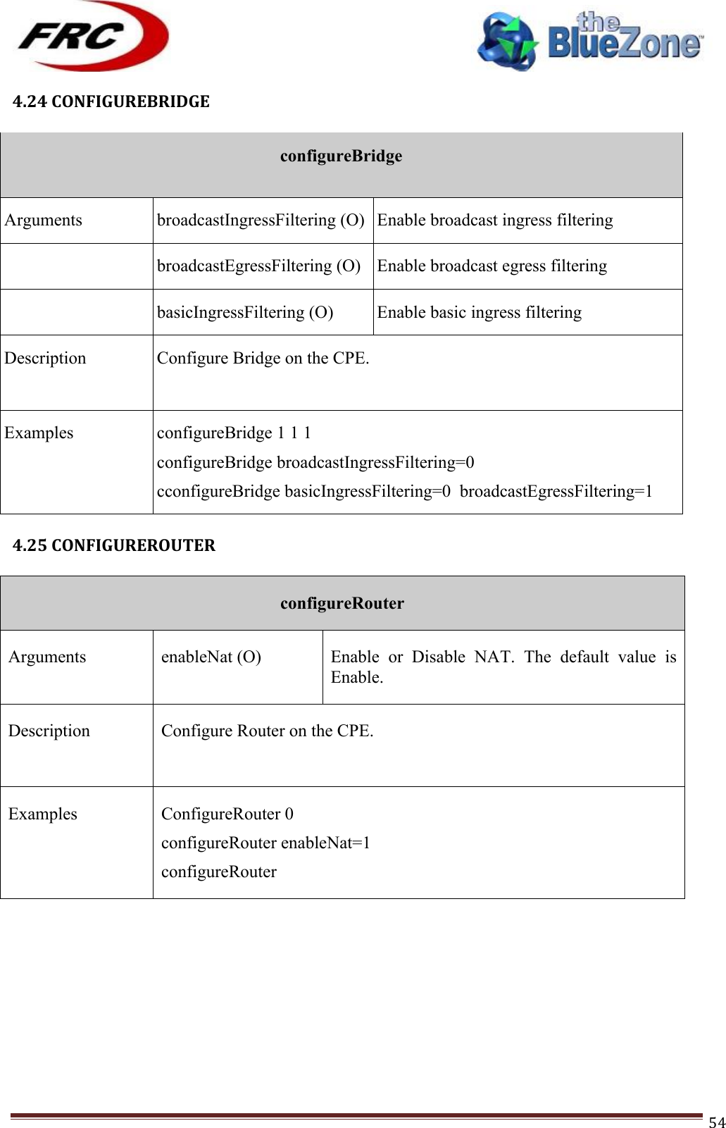 ! !! !!!!!!!!!!!!!!!!!!!!!!!!! !!!54!4.24!CONFIGUREBRIDGE!!configureBridge  Arguments broadcastIngressFiltering (O) Enable broadcast ingress filtering  broadcastEgressFiltering (O) Enable broadcast egress filtering  basicIngressFiltering (O) Enable basic ingress filtering Description Configure Bridge on the CPE.   Examples configureBridge 1 1 1 configureBridge broadcastIngressFiltering=0 cconfigureBridge basicIngressFiltering=0  broadcastEgressFiltering=1 !4.25!CONFIGUREROUTER!!configureRouter Arguments enableNat (O)  Enable  or  Disable  NAT.  The  default  value  is Enable. Description Configure Router on the CPE.   Examples ConfigureRouter 0 configureRouter enableNat=1 configureRouter !!!!!!!!!