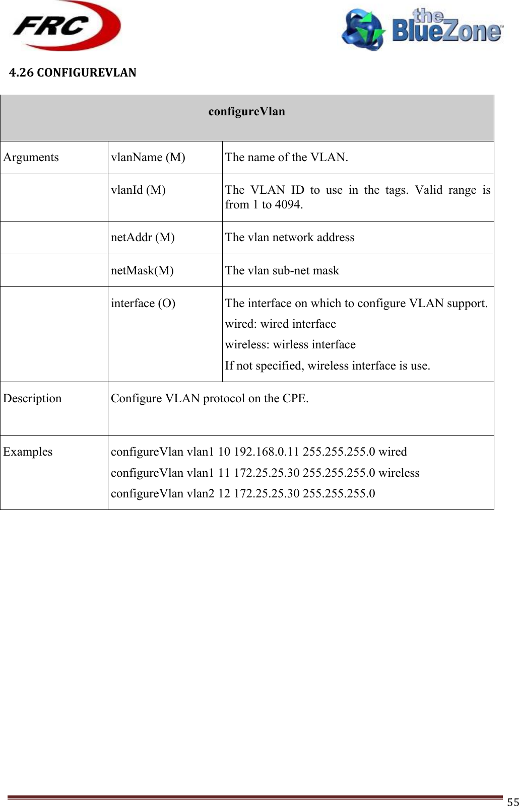 ! !! !!!!!!!!!!!!!!!!!!!!!!!!! !!!55!4.26!CONFIGUREVLAN!!configureVlan  Arguments vlanName (M)  The name of the VLAN.  vlanId (M)  The  VLAN  ID  to  use  in  the  tags.  Valid  range  is from 1 to 4094.  netAddr (M)  The vlan network address  netMask(M)  The vlan sub-net mask  interface (O)  The interface on which to configure VLAN support. wired: wired interface wireless: wirless interface If not specified, wireless interface is use. Description Configure VLAN protocol on the CPE.   Examples configureVlan vlan1 10 192.168.0.11 255.255.255.0 wired configureVlan vlan1 11 172.25.25.30 255.255.255.0 wireless configureVlan vlan2 12 172.25.25.30 255.255.255.0 !!!!!!!!!!!!!!!!!!