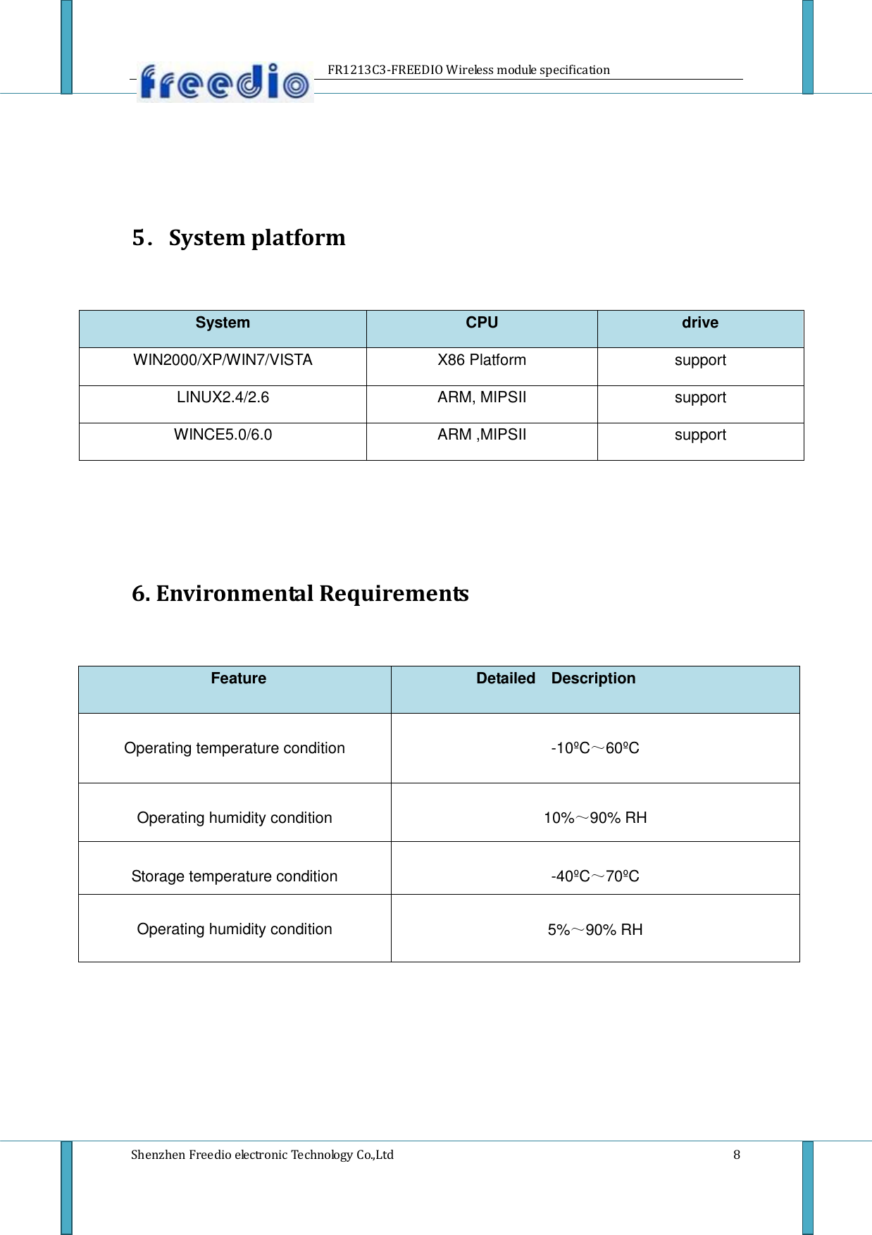                     FR1213C3-FREEDIO Wireless module specification  Shenzhen Freedio electronic Technology Co.,Ltd    8    5．System platform   System CPU drive WIN2000/XP/WIN7/VISTA X86 Platform support LINUX2.4/2.6 ARM, MIPSII support WINCE5.0/6.0 ARM ,MIPSII support     6. Environmental Requirements       Feature           Detailed    Description  Operating temperature condition  -10&ordm;C ～60&ordm;C   Operating humidity condition  10%～90% RH  Storage temperature condition  -40&ordm;C～70&ordm;C  Operating humidity condition  5%～90% RH      