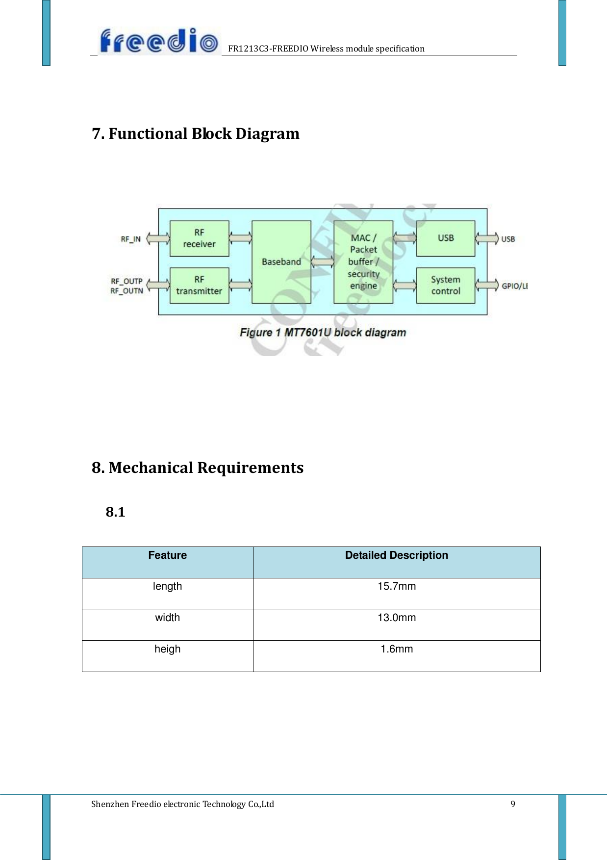                     FR1213C3-FREEDIO Wireless module specification  Shenzhen Freedio electronic Technology Co.,Ltd    9  7. Functional Block Diagram          8. Mechanical Requirements   8.1  Feature Detailed Description length 15.7mm width 13.0mm heigh 1.6mm    