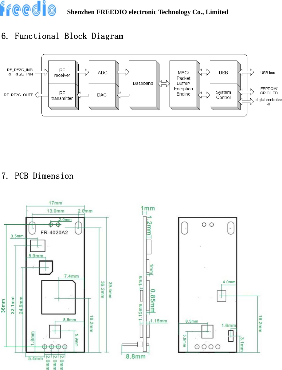         Shenzhen FREEDIO electronic Technology Co., Limited  6. Functional Block Diagram      7. PCB Dimension               