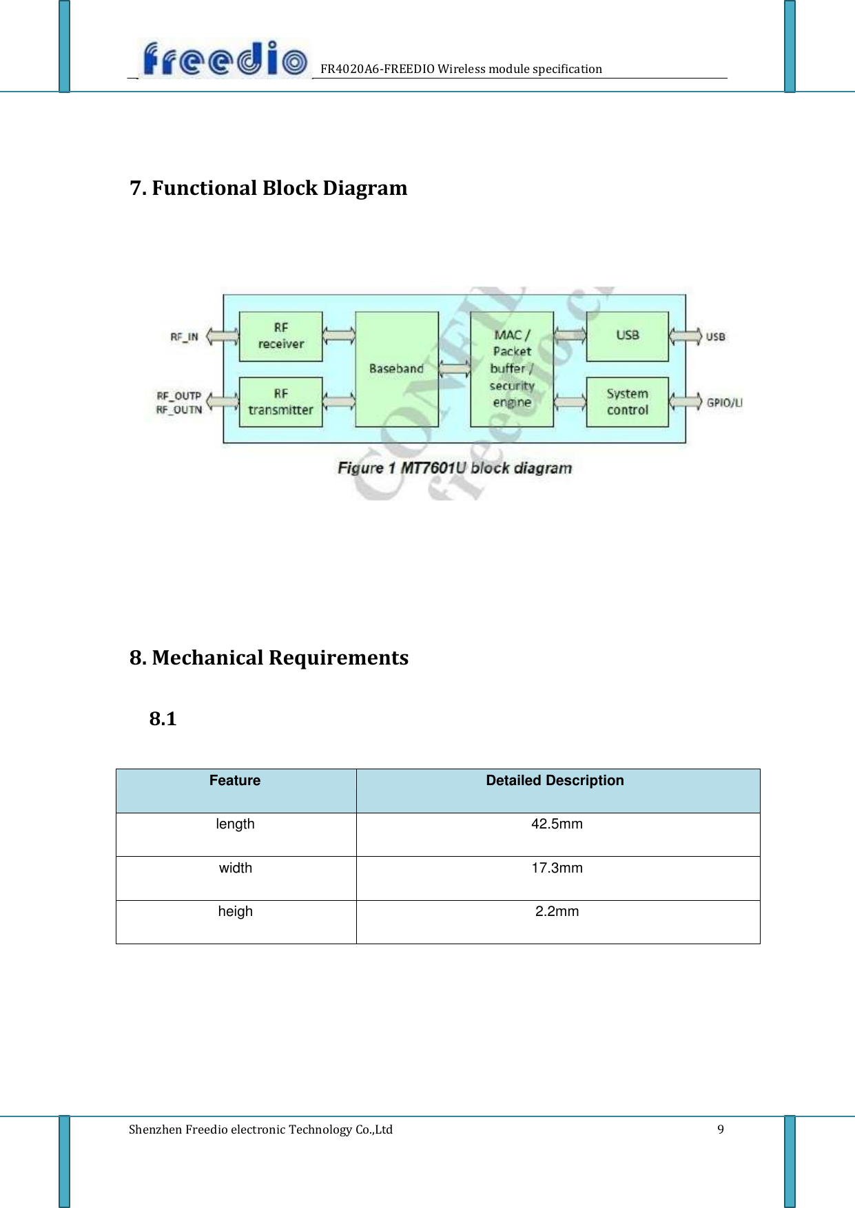     Feature Detailed Description length 42.5mm width 17.3mm heigh 2.2mm      FR4020A6-FREEDIO Wireless module specification       7. Functional Block Diagram                               8. Mechanical Requirements   8.1                            Shenzhen Freedio electronic Technology Co.,Ltd                            9 