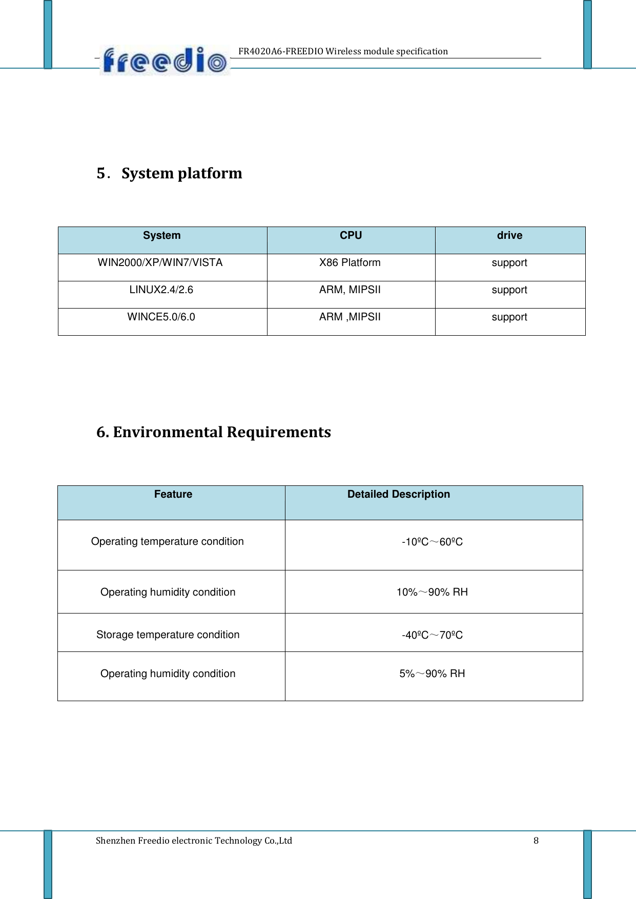   Feature Detailed Description Operating temperature condition -10&ordm;C～60&ordm;C Operating humidity condition 10%～90% RH Storage temperature condition -40&ordm;C～70&ordm;C Operating humidity condition 5%～90% RH  System CPU drive WIN2000/XP/WIN7/VISTA X86 Platform support LINUX2.4/2.6 ARM, MIPSII support WINCE5.0/6.0 ARM ,MIPSII support      FR4020A6-FREEDIO Wireless module specification          5．System platform                       6. Environmental Requirements                                     Shenzhen Freedio electronic Technology Co.,Ltd                                     8  