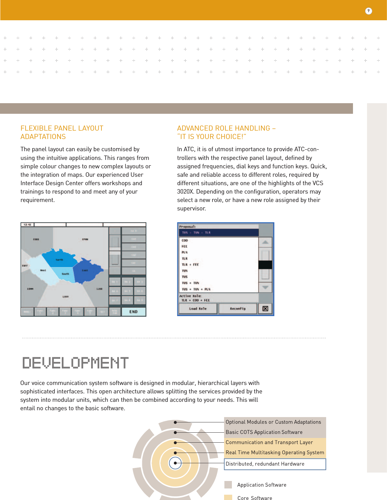   FLEXIBLE PANEL LAYOUT ADAPTATIONSThe panel layout can easily be customised byusing the intuitive applications. This ranges fromsimple colour changes to new complex layouts orthe integration of maps. Our experienced UserInterface Design Center offers workshops andtrainings to respond to and meet any of yourrequirement.ADVANCED ROLE HANDLING – “IT IS YOUR CHOICE!”In ATC, it is of utmost importance to provide ATC-con-trollers with the respective panel layout, defined byassigned frequencies, dial keys and function keys. Quick,safe and reliable access to different roles, required by different situations, are one of the highlights of the VCS3020X. Depending on the configuration, operators mayselect a new role, or have a new role assigned by theirsupervisor.Our voice communication system software is designed in modular, hierarchical layers withsophisticated interfaces. This open architecture allows splitting the services provided by thesystem into modular units, which can then be combined according to your needs. This willentail no changes to the basic software.9DEVELOPMENT