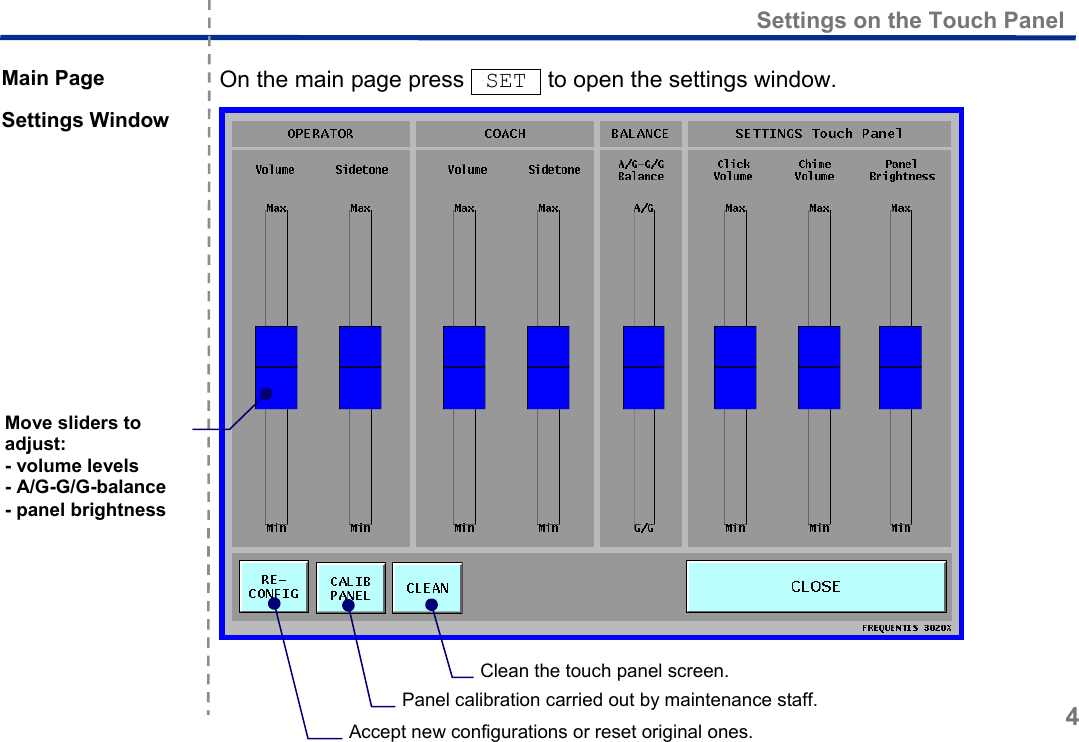  Settings on the Touch Panel 4  Main Page    On the main page press  SET  to open the settings window. Settings Window    Accept new configurations or reset original ones. Panel calibration carried out by maintenance staff. Clean the touch panel screen. Move sliders to adjust: - volume levels - A/G-G/G-balance - panel brightness 