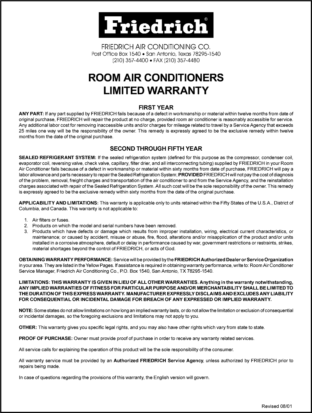 Page 9 of 10 - FRIEDRICH  Air Conditioner Room (42) Manual L0404286