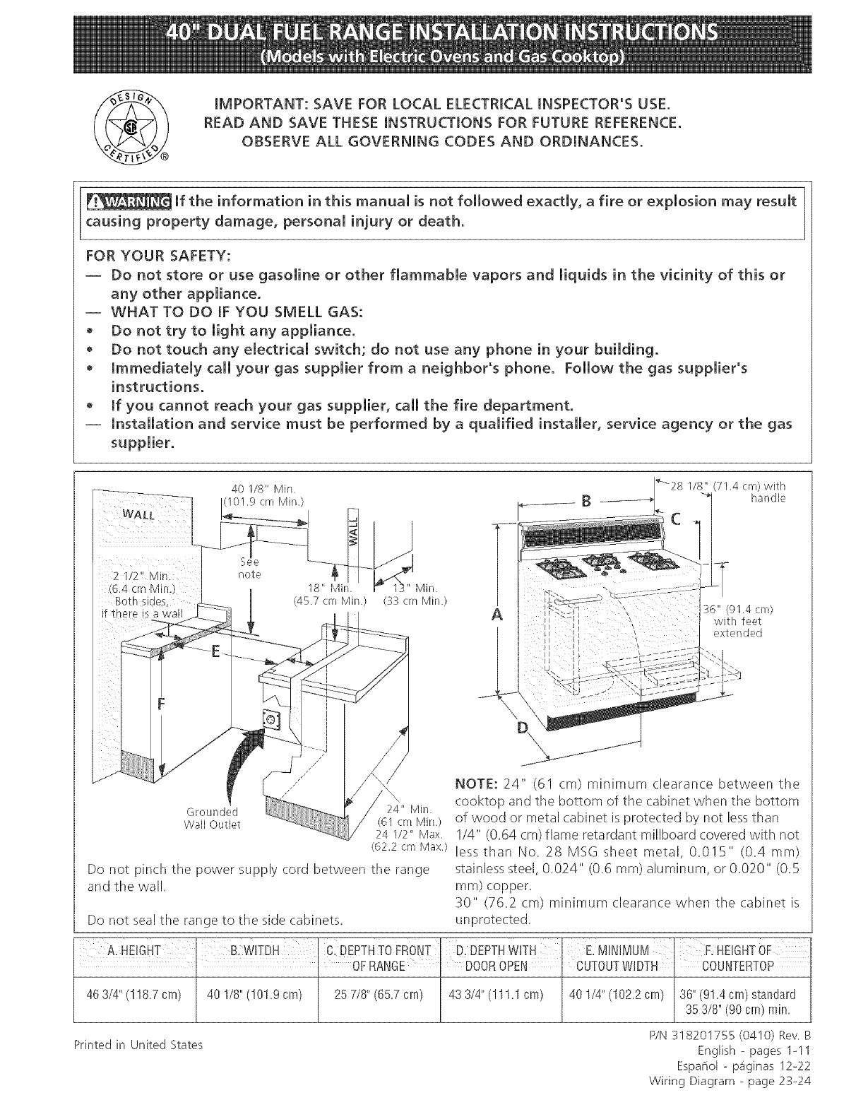 FRIGIDAIRE Range, Electric/Gas Manual L0411198
