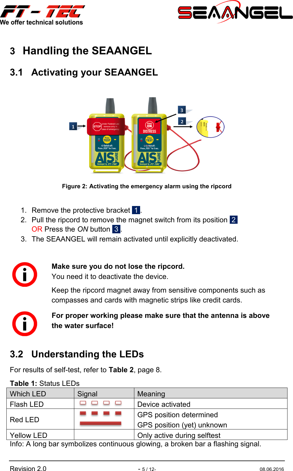   Revision 2.0    - 5 / 12-  08.06.2016 3 Handling the SEAANGEL 3.1  Activating your SEAANGEL   Figure 2: Activating the emergency alarm using the ripcord  1.  Remove the protective bracket  1 . 2.  Pull the ripcord to remove the magnet switch from its position  2   OR Press the ON button  3 . 3.  The SEAANGEL will remain activated until explicitly deactivated.  3.2  Understanding the LEDs For results of self-test, refer to Table 2, page 8. Table 1: Status LEDs Which LED  Signal  Meaning Flash LED  Device activated Red LED    GPS position determined GPS position (yet) unknown Yellow LED     Only active during selftest Info: A long bar symbolizes continuous glowing, a broken bar a flashing signal.  Make sure you do not lose the ripcord. You need it to deactivate the device. Keep the ripcord magnet away from sensitive components such as compasses and cards with magnetic strips like credit cards.  For proper working please make sure that the antenna is above the water surface! 