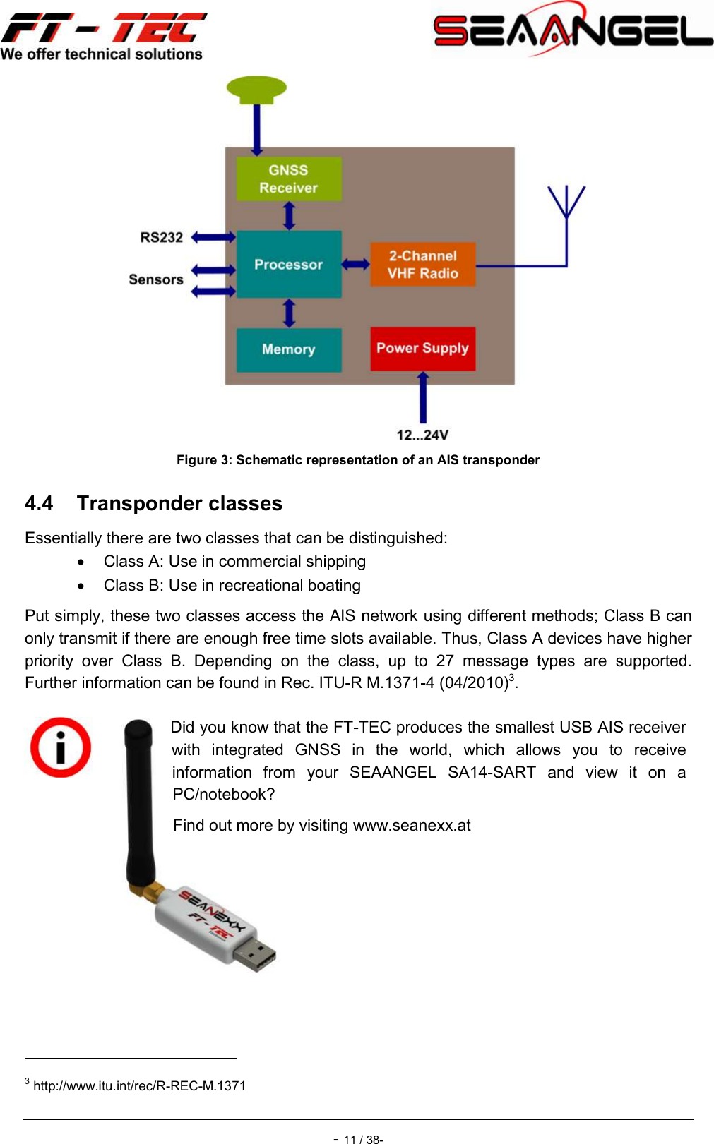    - 11 / 38-  Figure 3: Schematic representation of an AIS transponder 4.4  Transponder classes Essentially there are two classes that can be distinguished:   Class A: Use in commercial shipping   Class B: Use in recreational boating Put simply, these two classes access the AIS network using different methods; Class B can only transmit if there are enough free time slots available. Thus, Class A devices have higher priority  over  Class  B.  Depending  on  the  class,  up  to  27  message  types  are  supported. Further information can be found in Rec. ITU-R M.1371-4 (04/2010)3.  Did you know that the FT-TEC produces the smallest USB AIS receiver with  integrated  GNSS  in  the  world, which  allows  you  to  receive information  from  your  SEAANGEL  SA14-SART and  view  it  on  a PC/notebook? Find out more by visiting www.seanexx.at                                                     3 http://www.itu.int/rec/R-REC-M.1371 