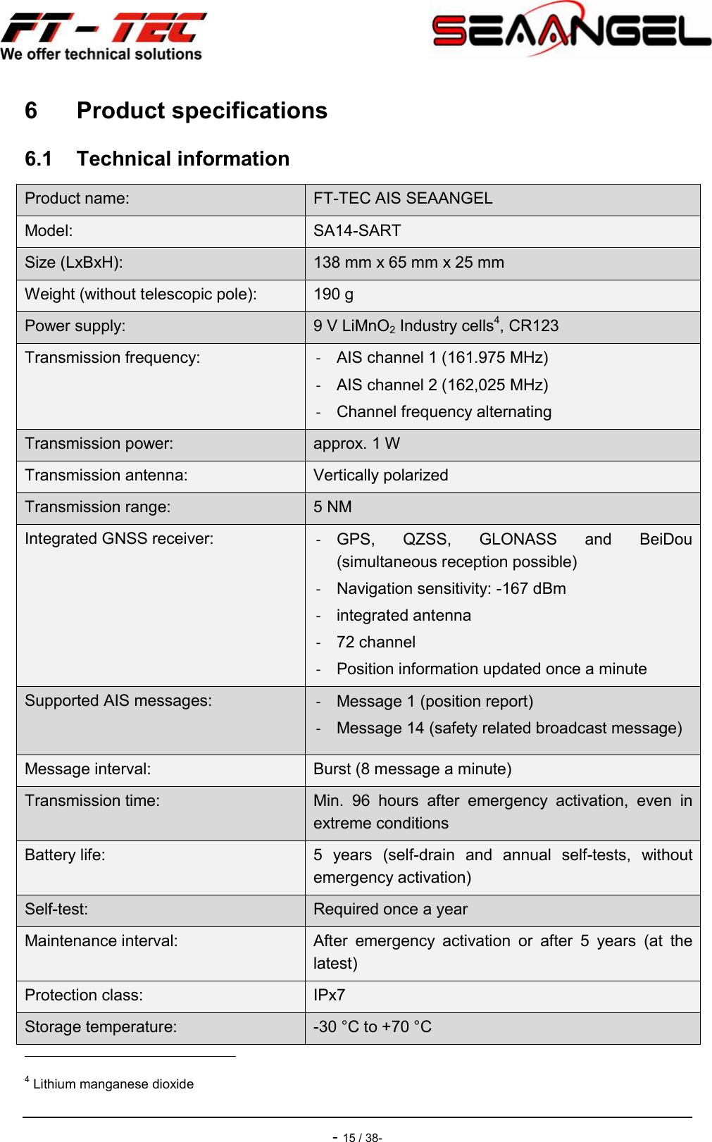    - 15 / 38- 6  Product specifications 6.1  Technical information Product name:  FT-TEC AIS SEAANGEL  Model:  SA14-SART Size (LxBxH):  138 mm x 65 mm x 25 mm Weight (without telescopic pole):  190 g Power supply:  9 V LiMnO2 Industry cells4, CR123 Transmission frequency:  -  AIS channel 1 (161.975 MHz) -  AIS channel 2 (162,025 MHz) -  Channel frequency alternating Transmission power:  approx. 1 W Transmission antenna:  Vertically polarized Transmission range:  5 NM Integrated GNSS receiver:  -  GPS,  QZSS,  GLONASS  and  BeiDou (simultaneous reception possible) -  Navigation sensitivity: -167 dBm -  integrated antenna -  72 channel -  Position information updated once a minute Supported AIS messages:  -  Message 1 (position report) -  Message 14 (safety related broadcast message) Message interval:  Burst (8 message a minute) Transmission time:  Min.  96  hours  after  emergency  activation,  even  in extreme conditions Battery life:  5  years  (self-drain  and  annual  self-tests,  without emergency activation) Self-test:  Required once a year Maintenance interval:  After  emergency  activation  or  after  5  years  (at  the latest) Protection class:  IPx7 Storage temperature:  -30 °C to +70 °C                                                 4 Lithium manganese dioxide 