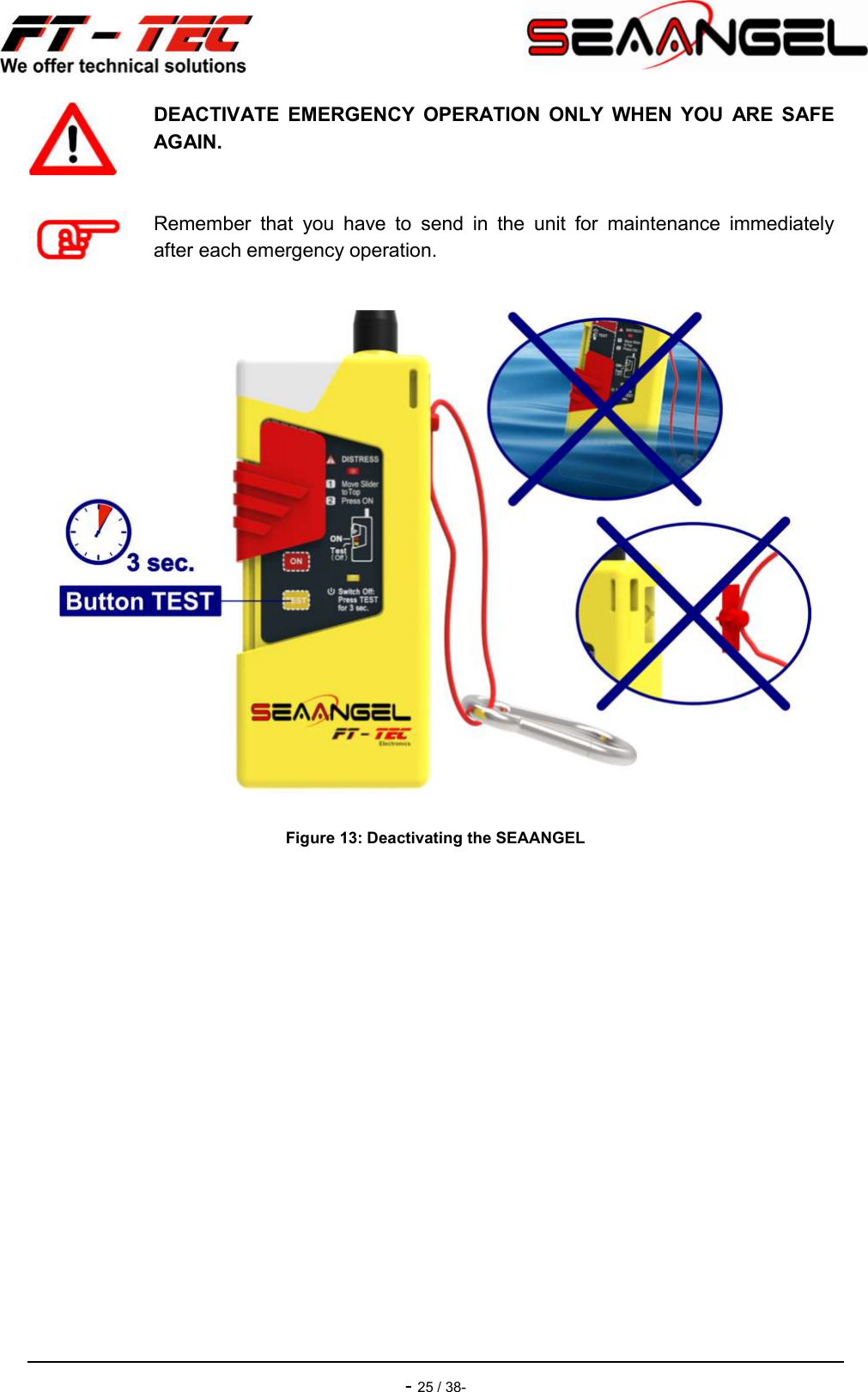    - 25 / 38-  Figure 13: Deactivating the SEAANGEL    DEACTIVATE  EMERGENCY  OPERATION  ONLY  WHEN  YOU  ARE  SAFE AGAIN.   Remember  that  you  have  to  send  in  the  unit  for  maintenance  immediately after each emergency operation. 