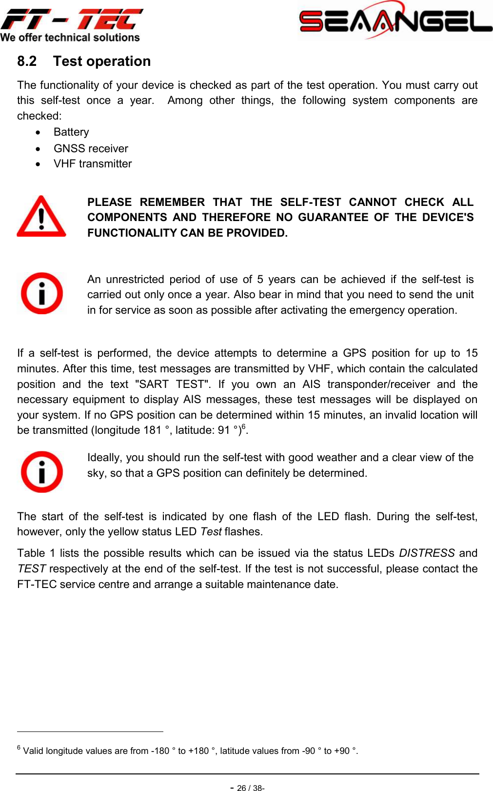    - 26 / 38- 8.2  Test operation The functionality of your device is checked as part of the test operation. You must carry out this  self-test  once  a  year.    Among  other  things,  the  following  system  components  are checked:   Battery   GNSS receiver   VHF transmitter  If  a  self-test  is  performed,  the  device  attempts  to  determine  a  GPS  position  for  up  to  15 minutes. After this time, test messages are transmitted by VHF, which contain the calculated position  and  the  text  &quot;SART  TEST&quot;.  If  you  own  an  AIS  transponder/receiver  and  the necessary  equipment  to  display  AIS  messages,  these  test  messages  will  be  displayed  on your system. If no GPS position can be determined within 15 minutes, an invalid location will be transmitted (longitude 181 °, latitude: 91 °)6. The  start  of  the  self-test  is  indicated  by  one  flash  of  the  LED  flash.  During  the  self-test, however, only the yellow status LED Test flashes. Table 1  lists the possible  results which can  be issued via the  status LEDs DISTRESS and TEST respectively at the end of the self-test. If the test is not successful, please contact the FT-TEC service centre and arrange a suitable maintenance date.                                                    6 Valid longitude values are from -180 ° to +180 °, latitude values from -90 ° to +90 °.  PLEASE  REMEMBER  THAT  THE  SELF-TEST  CANNOT  CHECK  ALL COMPONENTS  AND  THEREFORE  NO  GUARANTEE  OF  THE  DEVICE&apos;S FUNCTIONALITY CAN BE PROVIDED.   An  unrestricted  period  of  use  of  5  years  can  be  achieved  if  the  self-test  is carried out only once a year. Also bear in mind that you need to send the unit in for service as soon as possible after activating the emergency operation.   Ideally, you should run the self-test with good weather and a clear view of the sky, so that a GPS position can definitely be determined.  