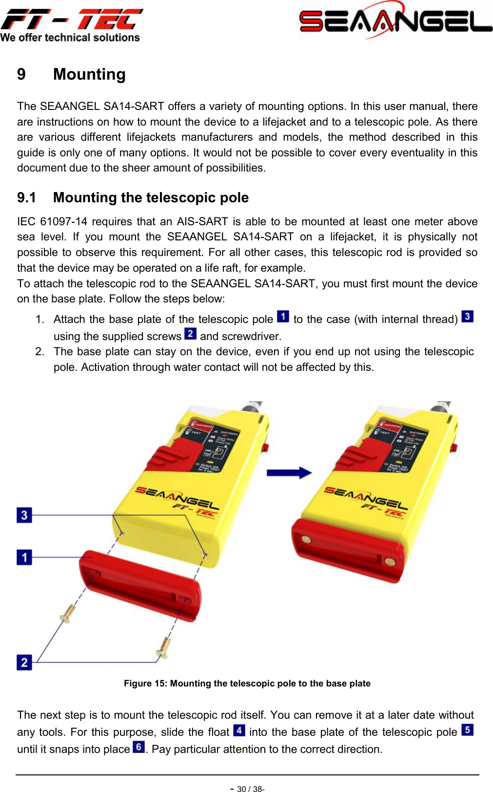    - 30 / 38- 9  Mounting The SEAANGEL SA14-SART offers a variety of mounting options. In this user manual, there are instructions on how to mount the device to a lifejacket and to a telescopic pole. As there are  various  different  lifejackets  manufacturers  and  models,  the  method  described  in  this guide is only one of many options. It would not be possible to cover every eventuality in this document due to the sheer amount of possibilities. 9.1  Mounting the telescopic pole IEC  61097-14  requires that  an  AIS-SART is  able  to  be mounted at least  one  meter above sea  level.  If  you  mount  the  SEAANGEL  SA14-SART  on  a  lifejacket,  it  is  physically  not possible to observe this requirement. For all other cases, this telescopic rod is provided so that the device may be operated on a life raft, for example. To attach the telescopic rod to the SEAANGEL SA14-SART, you must first mount the device on the base plate. Follow the steps below: 1.  Attach the base plate of the telescopic pole   to the case (with internal thread)   using the supplied screws   and screwdriver. 2.  The base plate can stay on the device, even if you end up not using the telescopic pole. Activation through water contact will not be affected by this.   Figure 15: Mounting the telescopic pole to the base plate The next step is to mount the telescopic rod itself. You can remove it at a later date without any tools. For this purpose, slide the float    into the  base plate of  the telescopic pole   until it snaps into place  . Pay particular attention to the correct direction. 