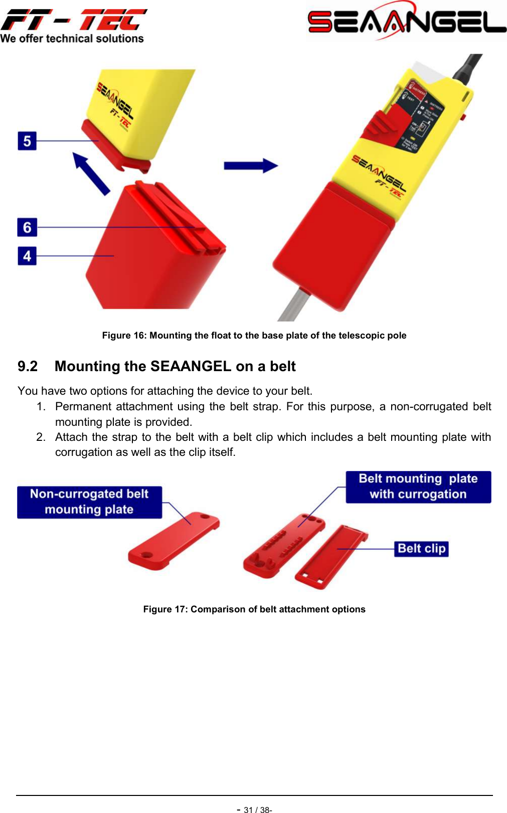    - 31 / 38-  Figure 16: Mounting the float to the base plate of the telescopic pole 9.2  Mounting the SEAANGEL on a belt You have two options for attaching the device to your belt. 1.  Permanent attachment using  the belt  strap. For this  purpose, a  non-corrugated belt mounting plate is provided. 2.  Attach the strap to the belt with a belt clip which includes a belt mounting plate with corrugation as well as the clip itself.  Figure 17: Comparison of belt attachment options   