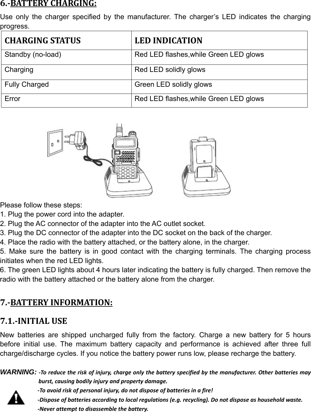  6.BATTERYCHARGING:Use only the charger specified by the manufacturer. The charger’s LED indicates the charging progress. CHARGINGSTATUSLEDINDICATIONStandby (no-load)    Red LED flashes,while Green LED glows   Charging    Red LED solidly glows Fully Charged  Green LED solidly glows Error  Red LED flashes,while Green LED glows           Please follow these steps: 1. Plug the power cord into the adapter. 2. Plug the AC connector of the adapter into the AC outlet socket. 3. Plug the DC connector of the adapter into the DC socket on the back of the charger. 4. Place the radio with the battery attached, or the battery alone, in the charger. 5. Make sure the battery is in good contact with the charging terminals. The charging process initiates when the red LED lights. 6. The green LED lights about 4 hours later indicating the battery is fully charged. Then remove the radio with the battery attached or the battery alone from the charger.  7.BATTERYINFORMATION:7.1.INITIALUSENew batteries are shipped uncharged fully from the factory. Charge a new battery for 5 hours before initial use. The maximum battery capacity and performance is achieved after three full charge/discharge cycles. If you notice the battery power runs low, please recharge the battery.  WARNING:‐Toreducetheriskofinjury,chargeonlythebatteryspecifiedbythemanufacturer.Otherbatteriesmayburst,causingbodilyinjuryandpropertydamage.‐Toavoidriskofpersonalinjury,donotdisposeofbatteriesinafire!‐Disposeofbatteriesaccordingtolocalregulations(e.g.recycling).Donotdisposeashouseholdwaste.‐Neverattempttodisassemblethebattery.