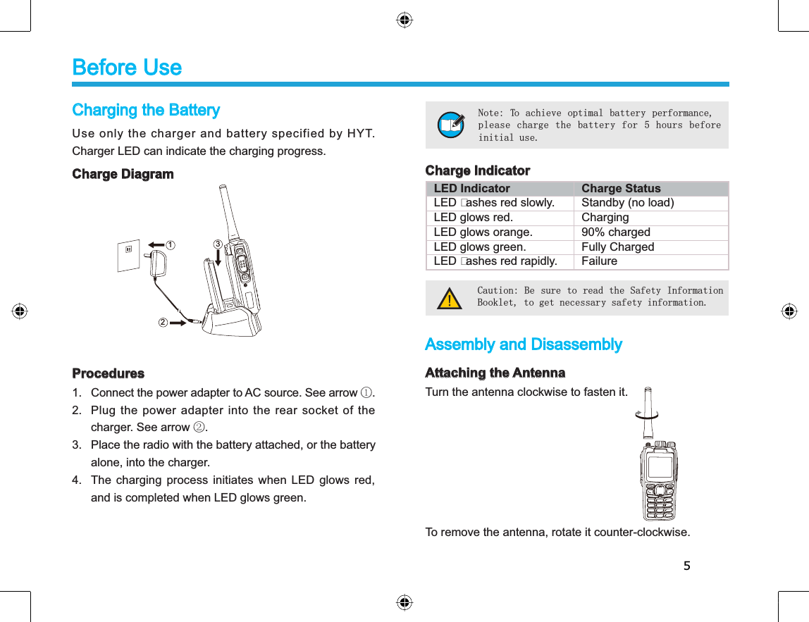 5Charging the BatteryUse only the charger and battery specified by HYT.Charger LED can indicate the charging progress. Charge DiagramProcedures1. Connect the power adapter to AC source. See arrow ķ.2. Plug the power adapter into the rear socket of thecharger. See arrow ĸ.3. Place the radio with the battery attached, or the battery alone, into the charger.4. The charging process initiates when LED glows red,and is completed when LED glows green.Before UseNote: To achieve optimal battery performance,please charge the battery for 5 hours beforeinitial use.Charge IndicatorLED Indicator Charge StatusLED ashes red slowly. Standby (no load)LED glows red. ChargingLED glows orange. 90% chargedLED glows green. Fully ChargedLED ashes red rapidly. FailureAssembly and DisassemblyAttaching the AntennaTurn the antenna clockwise to fasten it. To remove the antenna, rotate it counter-clockwise. Caution: Be sure to read the Safety InformationBooklet, to get necessary safety information. 213