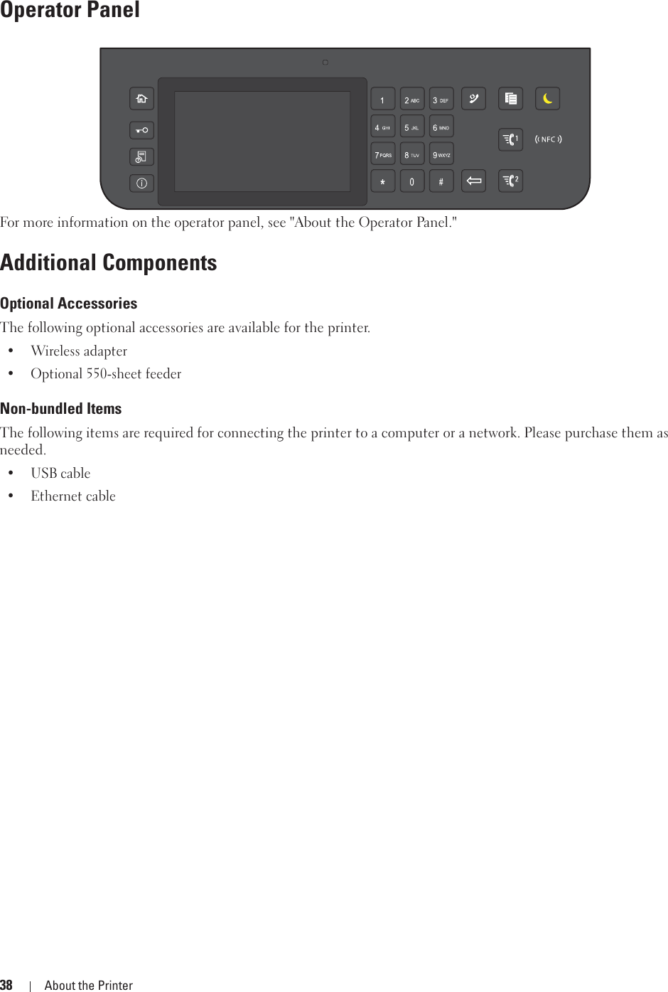 38 About the PrinterOperator PanelFor more information on the operator panel, see &quot;About the Operator Panel.&quot;Additional ComponentsOptional AccessoriesThe following optional accessories are available for the printer.• Wireless adapter• Optional 550-sheet feederNon-bundled ItemsThe following items are required for connecting the printer to a computer or a network. Please purchase them as needed.•USB cable• Ethernet cable
