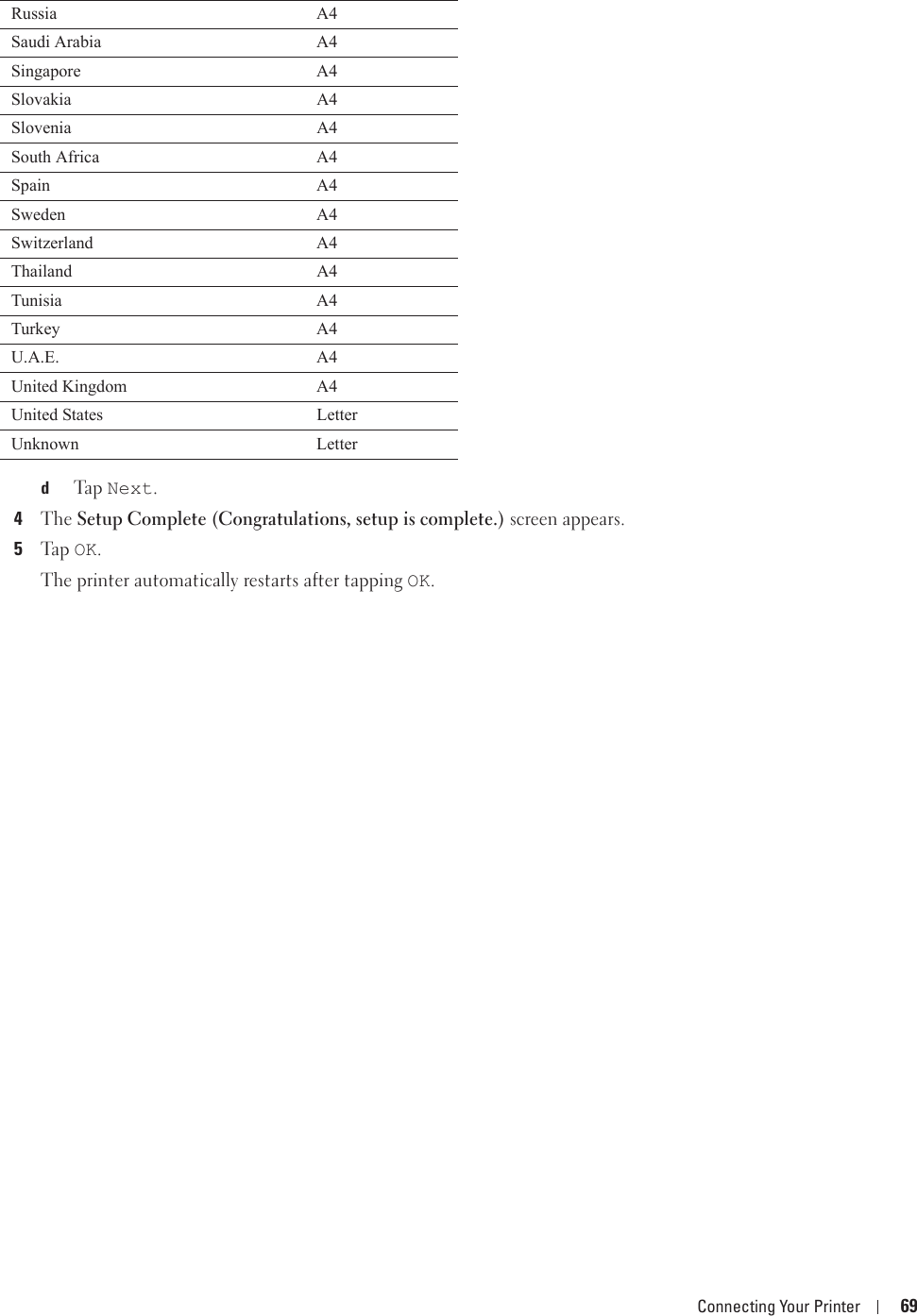 Connecting Your Printer 69dTa p  Next.4The Setup Complete (Congratulations, setup is complete.) screen appears.5Ta p  OK.The printer automatically restarts after tapping OK.Russia A4Saudi Arabia A4Singapore A4Slovakia A4Slovenia A4South Africa A4Spain A4Sweden A4Switzerland A4Thailand A4Tunisia A4Turkey A4U.A.E. A4United Kingdom A4United States LetterUnknown Letter
