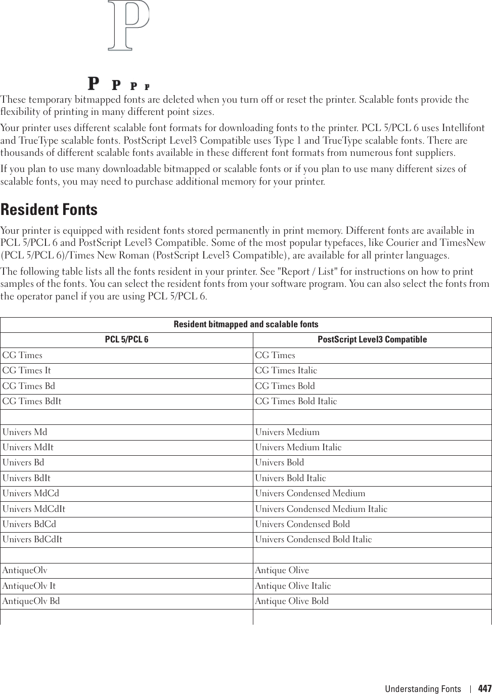 Understanding Fonts 447These temporary bitmapped fonts are deleted when you turn off or reset the printer. Scalable fonts provide the flexibility of printing in many different point sizes.Your printer uses different scalable font formats for downloading fonts to the printer. PCL 5/PCL 6 uses Intellifont and TrueType scalable fonts. PostScript Level3 Compatible uses Type 1 and TrueType scalable fonts. There are thousands of different scalable fonts available in these different font formats from numerous font suppliers.If you plan to use many downloadable bitmapped or scalable fonts or if you plan to use many different sizes of scalable fonts, you may need to purchase additional memory for your printer.Resident FontsYour printer is equipped with resident fonts stored permanently in print memory. Different fonts are available in PCL 5/PCL 6 and PostScript Level3 Compatible. Some of the most popular typefaces, like Courier and TimesNew (PCL 5/PCL 6)/Times New Roman (PostScript Level3 Compatible), are available for all printer languages.The following table lists all the fonts resident in your printer. See &quot;Report / List&quot; for instructions on how to print samples of the fonts. You can select the resident fonts from your software program. You can also select the fonts from the operator panel if you are using PCL 5/PCL 6.Resident bitmapped and scalable fontsPCL 5/PCL 6 PostScript Level3 CompatibleCG Times CG TimesCG Times It CG Times ItalicCG Times Bd CG Times BoldCG Times BdIt CG Times Bold ItalicUnivers Md Univers MediumUnivers MdIt Univers Medium ItalicUnivers Bd Univers BoldUnivers BdIt Univers Bold ItalicUnivers MdCd Univers Condensed MediumUnivers MdCdIt Univers Condensed Medium ItalicUnivers BdCd Univers Condensed BoldUnivers BdCdIt Univers Condensed Bold ItalicAntiqueOlv Antique OliveAntiqueOlv It Antique Olive ItalicAntiqueOlv Bd Antique Olive Bold