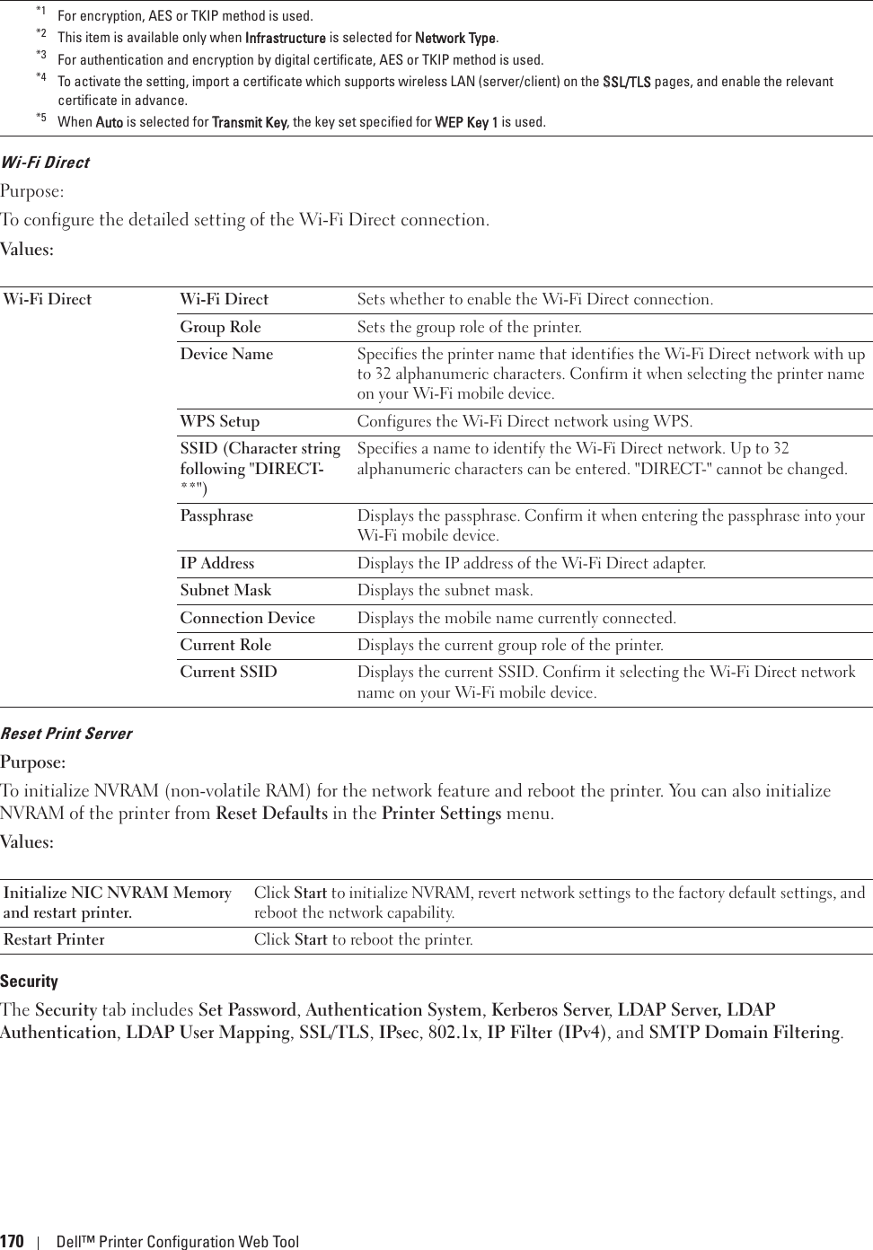 170 Dell™ Printer Configuration Web ToolWi-Fi DirectPurpose:To configure the detailed setting of the Wi-Fi Direct connection.Values:Reset Print ServerPurpose:To initialize NVRAM (non-volatile RAM) for the network feature and reboot the printer. You can also initialize NVRAM of the printer from Reset Defaults in the Printer Settings menu.Values:SecurityThe Security tab includes Set Password, Authentication System, Kerberos Server, LDAP Server, LDAP Authentication, LDAP User Mapping, SSL/TLS, IPsec, 802.1x, IP Filter (IPv4), and SMTP Domain Filtering.*1 For encryption, AES or TKIP method is used.*2 This item is available only when IInfrastructure is selected for NNetwork Type.*3 For authentication and encryption by digital certificate, AES or TKIP method is used.*4 To activate the setting, import a certificate which supports wireless LAN (server/client) on the SSSL/TLS pages, and enable the relevant certificate in advance.*5 When AAuto is selected for TTransmit Key, the key set specified for WWEP Key 1 is used.Wi-Fi Direct Wi-Fi Direct Sets whether to enable the Wi-Fi Direct connection.Group Role Sets the group role of the printer.Device Name Specifies the printer name that identifies the Wi-Fi Direct network with up to 32 alphanumeric characters. Confirm it when selecting the printer name on your Wi-Fi mobile device.WPS Setup Configures the Wi-Fi Direct network using WPS.SSID (Character string following &quot;DIRECT-**&quot;)Specifies a name to identify the Wi-Fi Direct network. Up to 32 alphanumeric characters can be entered. &quot;DIRECT-&quot; cannot be changed.Passphrase Displays the passphrase. Confirm it when entering the passphrase into your Wi-Fi mobile device.IP Address Displays the IP address of the Wi-Fi Direct adapter.Subnet Mask Displays the subnet mask.Connection Device Displays the mobile name currently connected.Current Role Displays the current group role of the printer.Current SSID Displays the current SSID. Confirm it selecting the Wi-Fi Direct network name on your Wi-Fi mobile device.Initialize NIC NVRAM Memory and restart printer.Click Start to initialize NVRAM, revert network settings to the factory default settings, and reboot the network capability.Restart Printer Click Start to reboot the printer.