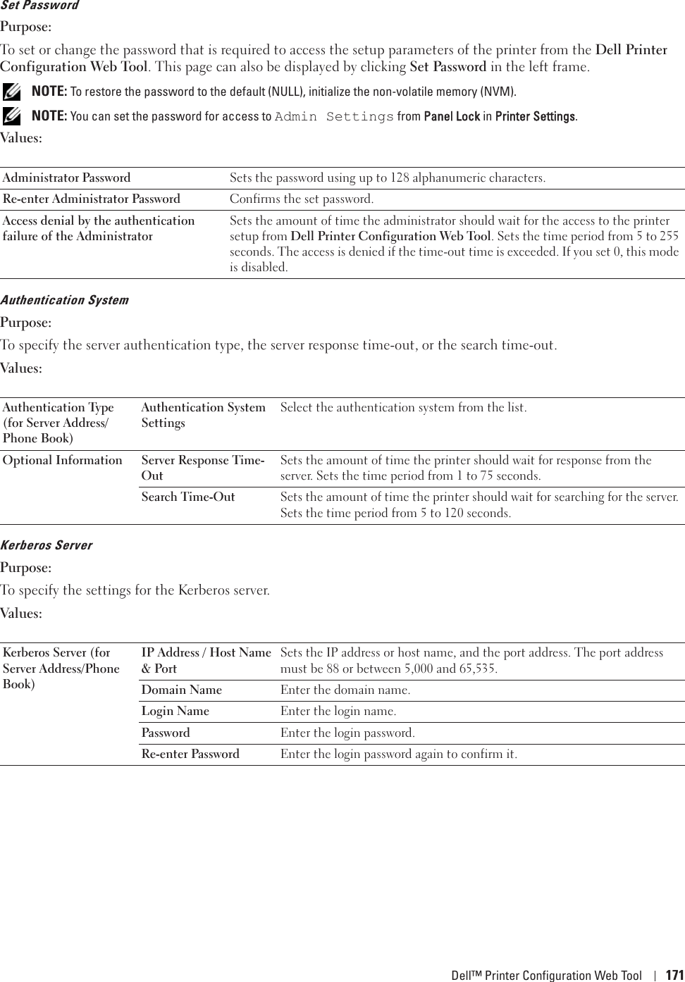 Dell™ Printer Configuration Web Tool 171Set PasswordPurpose:To set or change the password that is required to access the setup parameters of the printer from the Dell Printer Configuration Web Tool. This page can also be displayed by clicking Set Password in the left frame. NOTE: To restore the password to the default (NULL), initialize the non-volatile memory (NVM). NOTE: You can set the password for access to Admin Settings from PPanel Lock in PPrinter Settings.Values:Authentication SystemPurpose:To specify the server authentication type, the server response time-out, or the search time-out.Values:Kerberos ServerPurpose:To specify the settings for the Kerberos server.Values:Administrator Password Sets the password using up to 128 alphanumeric characters. Re-enter Administrator Password Confirms the set password.Access denial by the authentication failure of the AdministratorSets the amount of time the administrator should wait for the access to the printer setup from Dell Printer Configuration Web Tool. Sets the time period from 5 to 255 seconds. The access is denied if the time-out time is exceeded. If you set 0, this mode is disabled.Authentication Type (for Server Address/Phone Book)Authentication System SettingsSelect the authentication system from the list.Optional Information Server Response Time-OutSets the amount of time the printer should wait for response from the server. Sets the time period from 1 to 75 seconds.Search Time-Out Sets the amount of time the printer should wait for searching for the server. Sets the time period from 5 to 120 seconds.Kerberos Server (for Server Address/Phone Book)IP Address / Host Name &amp; PortSets the IP address or host name, and the port address. The port address must be 88 or between 5,000 and 65,535.Domain Name Enter the domain name.Login Name Enter the login name.Password Enter the login password.Re-enter Password Enter the login password again to confirm it.