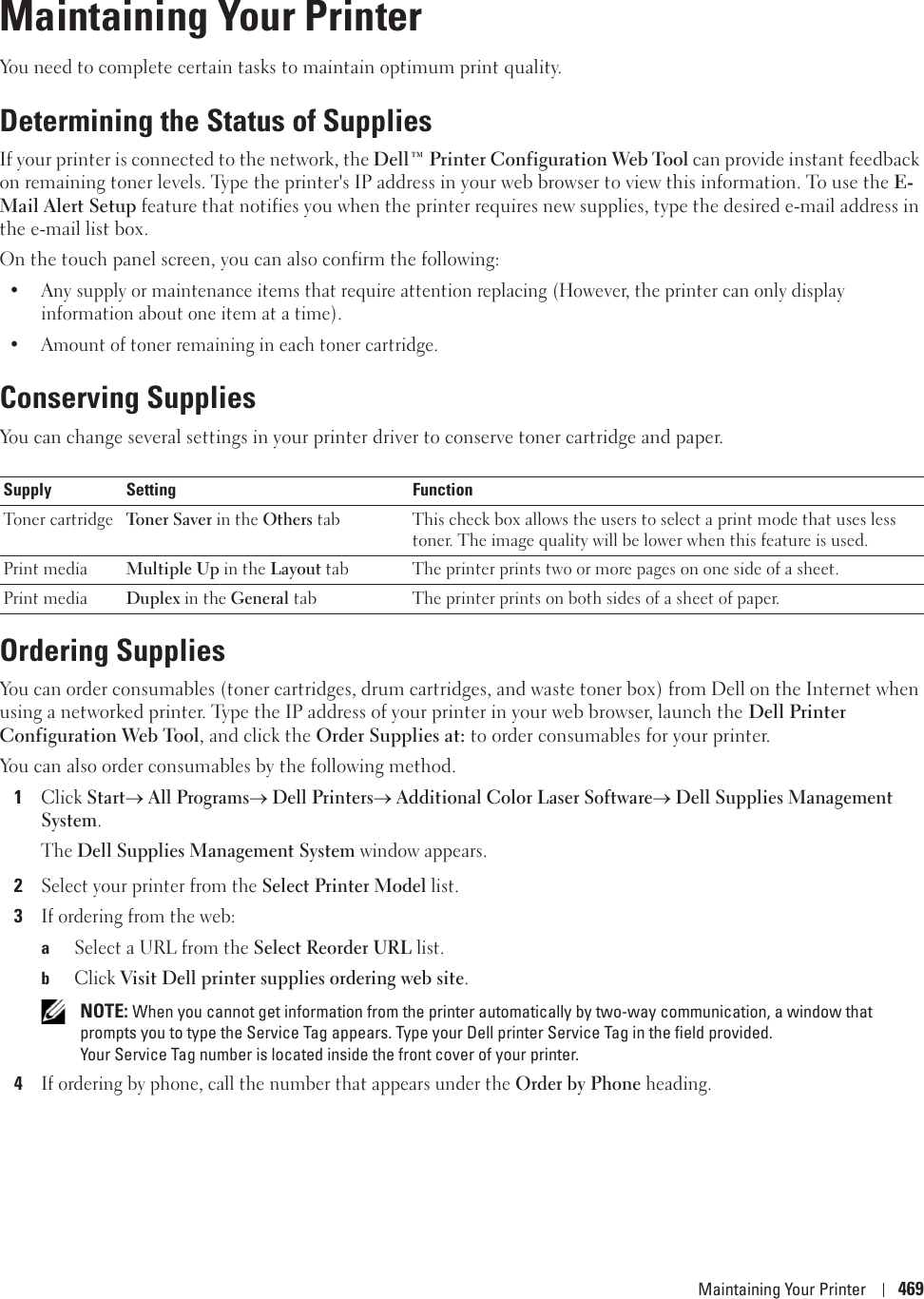 Maintaining Your Printer 46932Maintaining Your PrinterYou need to complete certain tasks to maintain optimum print quality.Determining the Status of SuppliesIf your printer is connected to the network, the Dell™ Printer Configuration Web Tool can provide instant feedback on remaining toner levels. Type the printer&apos;s IP address in your web browser to view this information. To use the E-Mail Alert Setup feature that notifies you when the printer requires new supplies, type the desired e-mail address in the e-mail list box.On the touch panel screen, you can also confirm the following:• Any supply or maintenance items that require attention replacing (However, the printer can only display information about one item at a time).• Amount of toner remaining in each toner cartridge.Conserving SuppliesYou can change several settings in your printer driver to conserve toner cartridge and paper.Ordering SuppliesYou can order consumables (toner cartridges, drum cartridges, and waste toner box) from Dell on the Internet when using a networked printer. Type the IP address of your printer in your web browser, launch the Dell Printer Configuration Web Tool, and click the Order Supplies at: to order consumables for your printer. You can also order consumables by the following method.1Click Starto All Programso Dell Printerso Additional Color Laser Softwareo Dell Supplies Management System.The Dell Supplies Management System window appears.2Select your printer from the Select Printer Model list.3If ordering from the web:aSelect a URL from the Select Reorder URL list.bClick Visit Dell printer supplies ordering web site. NOTE: When you cannot get information from the printer automatically by two-way communication, a window that prompts you to type the Service Tag appears. Type your Dell printer Service Tag in the field provided.Your Service Tag number is located inside the front cover of your printer.4If ordering by phone, call the number that appears under the Order by Phone heading.Supply Setting FunctionToner cartridge Toner Saver in the Others tab This check box allows the users to select a print mode that uses less toner. The image quality will be lower when this feature is used.Print media Multiple Up in the Layout tab The printer prints two or more pages on one side of a sheet. Print media Duplex in the General tab The printer prints on both sides of a sheet of paper.