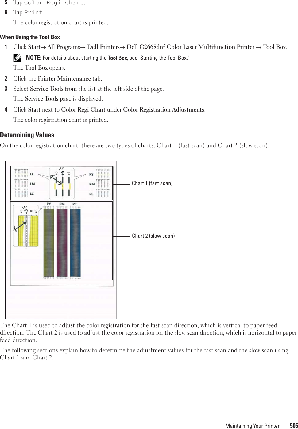 Maintaining Your Printer 5055Ta p  Color Regi Chart.6Ta p  Print.The color registration chart is printed.When Using the Tool Box1Click Starto All Programso Dell Printerso Dell C2665dnf Color Laser Multifunction Printer o Tool Box. NOTE: For details about starting the TTool Box, see &quot;Starting the Tool Box.&quot;The Tool Box opens.2Click the Printer Maintenance tab.3Select Service Tools from the list at the left side of the page.The Service Tools page is displayed.4Click Start next to Color Regi Chart under Color Registration Adjustments.The color registration chart is printed.Determining ValuesOn the color registration chart, there are two types of charts: Chart 1 (fast scan) and Chart 2 (slow scan).The Chart 1 is used to adjust the color registration for the fast scan direction, which is vertical to paper feed direction. The Chart 2 is used to adjust the color registration for the slow scan direction, which is horizontal to paper feed direction.The following sections explain how to determine the adjustment values for the fast scan and the slow scan using Chart 1 and Chart 2.Chart 1 (fast scan)Chart 2 (slow scan)