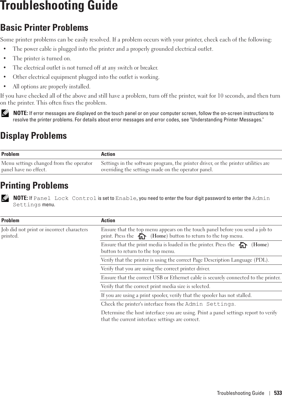 Troubleshooting Guide 53335Troubleshooting GuideBasic Printer ProblemsSome printer problems can be easily resolved. If a problem occurs with your printer, check each of the following:• The power cable is plugged into the printer and a properly grounded electrical outlet.• The printer is turned on.• The electrical outlet is not turned off at any switch or breaker.• Other electrical equipment plugged into the outlet is working.• All options are properly installed.If you have checked all of the above and still have a problem, turn off the printer, wait for 10 seconds, and then turn on the printer. This often fixes the problem. NOTE: If error messages are displayed on the touch panel or on your computer screen, follow the on-screen instructions to resolve the printer problems. For details about error messages and error codes, see &quot;Understanding Printer Messages.&quot;Display ProblemsPrinting Problems NOTE: If Panel Lock Control is set to Enable, you need to enter the four digit password to enter the Admin Settings menu.Problem ActionMenu settings changed from the operator panel have no effect.Settings in the software program, the printer driver, or the printer utilities are overriding the settings made on the operator panel.Problem ActionJob did not print or incorrect characters printed.Ensure that the top menu appears on the touch panel before you send a job to print. Press the   (Home) button to return to the top menu.Ensure that the print media is loaded in the printer. Press the   (Home) button to return to the top menu.Verify that the printer is using the correct Page Description Language (PDL).Verify that you are using the correct printer driver.Ensure that the correct USB or Ethernet cable is securely connected to the printer.Verify that the correct print media size is selected.If you are using a print spooler, verify that the spooler has not stalled.Check the printer&apos;s interface from the Admin Settings.Determine the host interface you are using. Print a panel settings report to verify that the current interface settings are correct.