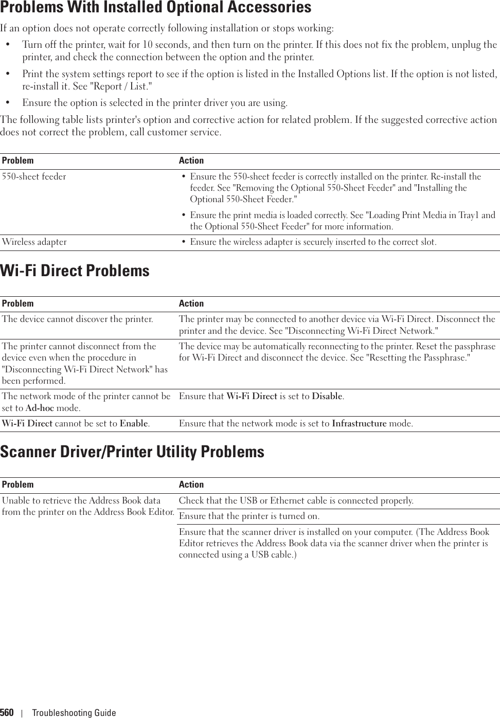 560 Troubleshooting GuideProblems With Installed Optional AccessoriesIf an option does not operate correctly following installation or stops working:• Turn off the printer, wait for 10 seconds, and then turn on the printer. If this does not fix the problem, unplug the printer, and check the connection between the option and the printer.• Print the system settings report to see if the option is listed in the Installed Options list. If the option is not listed, re-install it. See &quot;Report / List.&quot;• Ensure the option is selected in the printer driver you are using.The following table lists printer&apos;s option and corrective action for related problem. If the suggested corrective action does not correct the problem, call customer service.Wi-Fi Direct ProblemsScanner Driver/Printer Utility ProblemsProblem Action550-sheet feeder• Ensure the 550-sheet feeder is correctly installed on the printer. Re-install the feeder. See &quot;Removing the Optional 550-Sheet Feeder&quot; and &quot;Installing the Optional 550-Sheet Feeder.&quot;• Ensure the print media is loaded correctly. See &quot;Loading Print Media in Tray1 and the Optional 550-Sheet Feeder&quot; for more information.Wireless adapter• Ensure the wireless adapter is securely inserted to the correct slot.Problem ActionThe device cannot discover the printer. The printer may be connected to another device via Wi-Fi Direct. Disconnect the printer and the device. See &quot;Disconnecting Wi-Fi Direct Network.&quot;The printer cannot disconnect from the device even when the procedure in &quot;Disconnecting Wi-Fi Direct Network&quot; has been performed.The device may be automatically reconnecting to the printer. Reset the passphrase for Wi-Fi Direct and disconnect the device. See &quot;Resetting the Passphrase.&quot;The network mode of the printer cannot be set to Ad-hoc mode.Ensure that Wi-Fi Direct is set to Disable.Wi-Fi Direct cannot be set to Enable. Ensure that the network mode is set to Infrastructure mode.Problem ActionUnable to retrieve the Address Book data from the printer on the Address Book Editor.Check that the USB or Ethernet cable is connected properly.Ensure that the printer is turned on.Ensure that the scanner driver is installed on your computer. (The Address Book Editor retrieves the Address Book data via the scanner driver when the printer is connected using a USB cable.)