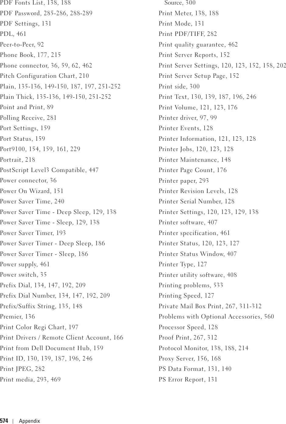 574 AppendixPDF Fonts List, 138, 188PDF Password, 285-286, 288-289PDF Settings, 131PDL, 461Peer-to-Peer, 92Phone Book, 177, 215Phone connector, 36, 59, 62, 462Pitch Configuration Chart, 210Plain, 135-136, 149-150, 187, 197, 251-252Plain Thick, 135-136, 149-150, 251-252Point and Print, 89Polling Receive, 281Port Settings, 159Port Status, 159Port9100, 154, 159, 161, 229Portrait, 218PostScript Level3 Compatible, 447Power connector, 36Power On Wizard, 151Power Saver Time, 240Power Saver Time - Deep Sleep, 129, 138Power Saver Time - Sleep, 129, 138Power Saver Timer, 193Power Saver Timer - Deep Sleep, 186Power Saver Timer - Sleep, 186Power supply, 461Power switch, 35Prefix Dial, 134, 147, 192, 209Prefix Dial Number, 134, 147, 192, 209Prefix/Suffix String, 135, 148Premier, 136Print Color Regi Chart, 197Print Drivers / Remote Client Account, 166Print from Dell Document Hub, 159Print ID, 130, 139, 187, 196, 246Print JPEG, 282Print media, 293, 469Source, 300Print Meter, 138, 188Print Mode, 131Print PDF/TIFF, 282Print quality guarantee, 462Print Server Reports, 152Print Server Settings, 120, 123, 152, 158, 202Print Server Setup Page, 152Print side, 300Print Text, 130, 139, 187, 196, 246Print Volume, 121, 123, 176Printer driver, 97, 99Printer Events, 128Printer Information, 121, 123, 128Printer Jobs, 120, 123, 128Printer Maintenance, 148Printer Page Count, 176Printer paper, 293Printer Revision Levels, 128Printer Serial Number, 128Printer Settings, 120, 123, 129, 138Printer software, 407Printer specification, 461Printer Status, 120, 123, 127Printer Status Window, 407Printer Type, 127Printer utility software, 408Printing problems, 533Printing Speed, 127Private Mail Box Print, 267, 311-312Problems with Optional Accessories, 560Processor Speed, 128Proof Print, 267, 312Protocol Monitor, 138, 188, 214Proxy Server, 156, 168PS Data Format, 131, 140PS Error Report, 131