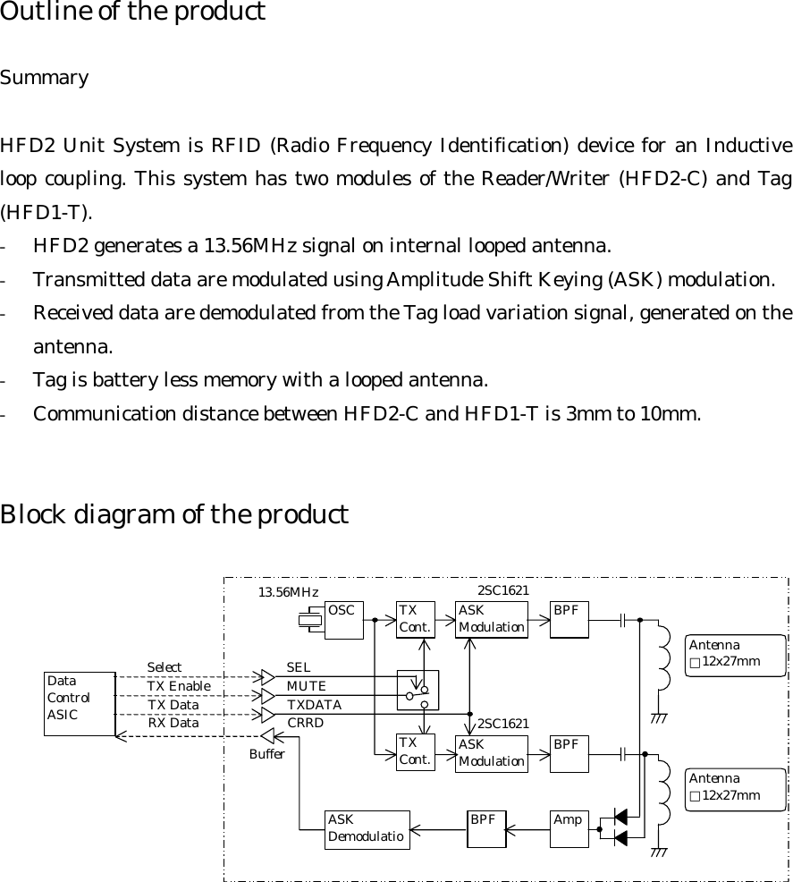 Outline of the product  Summary  HFD2 Unit System is RFID (Radio Frequency Identification) device for an Inductive loop coupling. This system has two modules of the Reader/Writer (HFD2-C) and Tag (HFD1-T).  -  HFD2 generates a 13.56MHz signal on internal looped antenna.   -  Transmitted data are modulated using Amplitude Shift Keying (ASK) modulation. -  Received data are demodulated from the Tag load variation signal, generated on the antenna.  -  Tag is battery less memory with a looped antenna. -  Communication distance between HFD2-C and HFD1-T is 3mm to 10mm.     Block diagram of the product                     OSCASKModulation BPFAmpAntenna□12x27mmASKDemodulatioDataControlASIC13.56MHz 2SC1621BPFBufferMUTETXDATACRRDASKModulation BPFAntenna□12x27mm2SC1621SELTXCont.TXCont.TX EnableTX DataRX DataSelect
