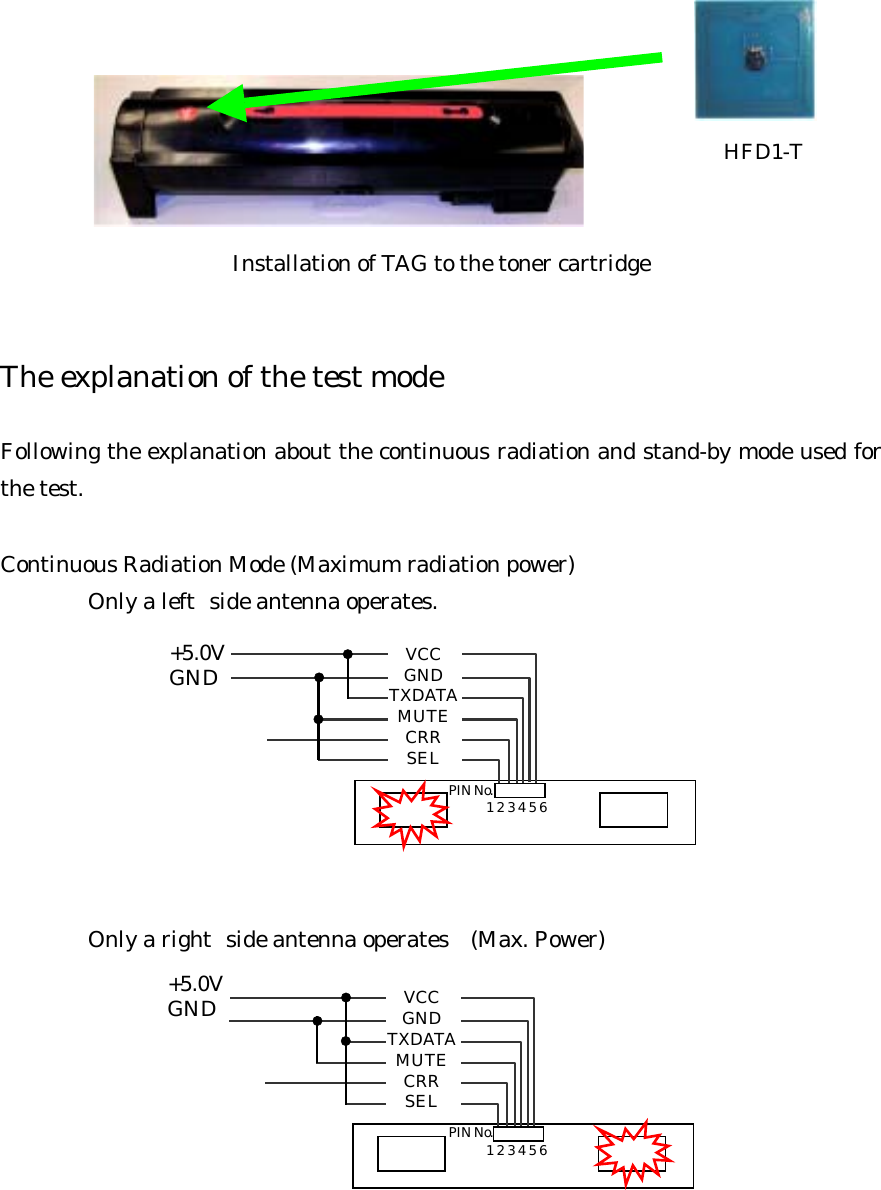   Installation of TAG to the toner cartridge   The explanation of the test mode  Following the explanation about the continuous radiation and stand-by mode used for the test.  Continuous Radiation Mode (Maximum radiation power) Only a left side antenna operates.            Only a right side antenna operates    (Max. Power)            HFD1-T +5.0V GND VCC GND TXDATA MUTE CRR SEL +5.0V GND  VCC GND TXDATA MUTE CRR SEL 123456 PIN No. 123456 PIN No. 
