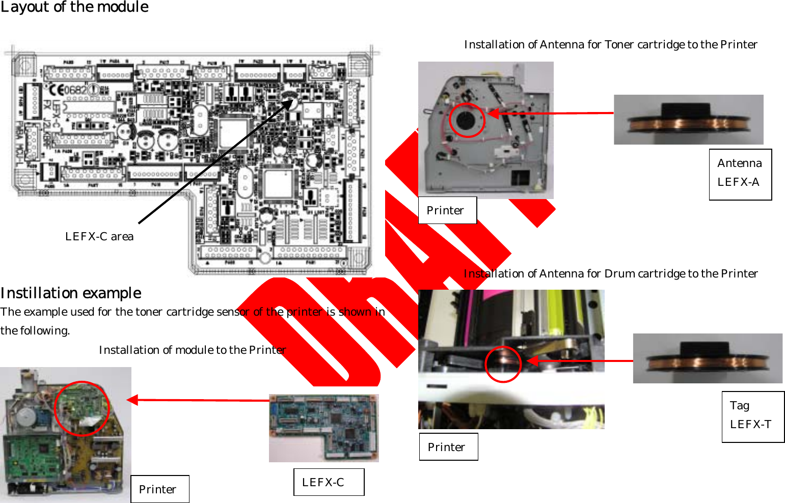    Layout of the module  Instillation example The example used for the toner cartridge sensor of the printer is shown in the following. Installation of module to the Printer    Installation of Antenna for Toner cartridge to the Printer  Antenna LEFX-A Printer     Installation of Antenna for Drum cartridge to the Printer     Printer  LEFX-C LEFX-C area Tag LEFX-T Printer 