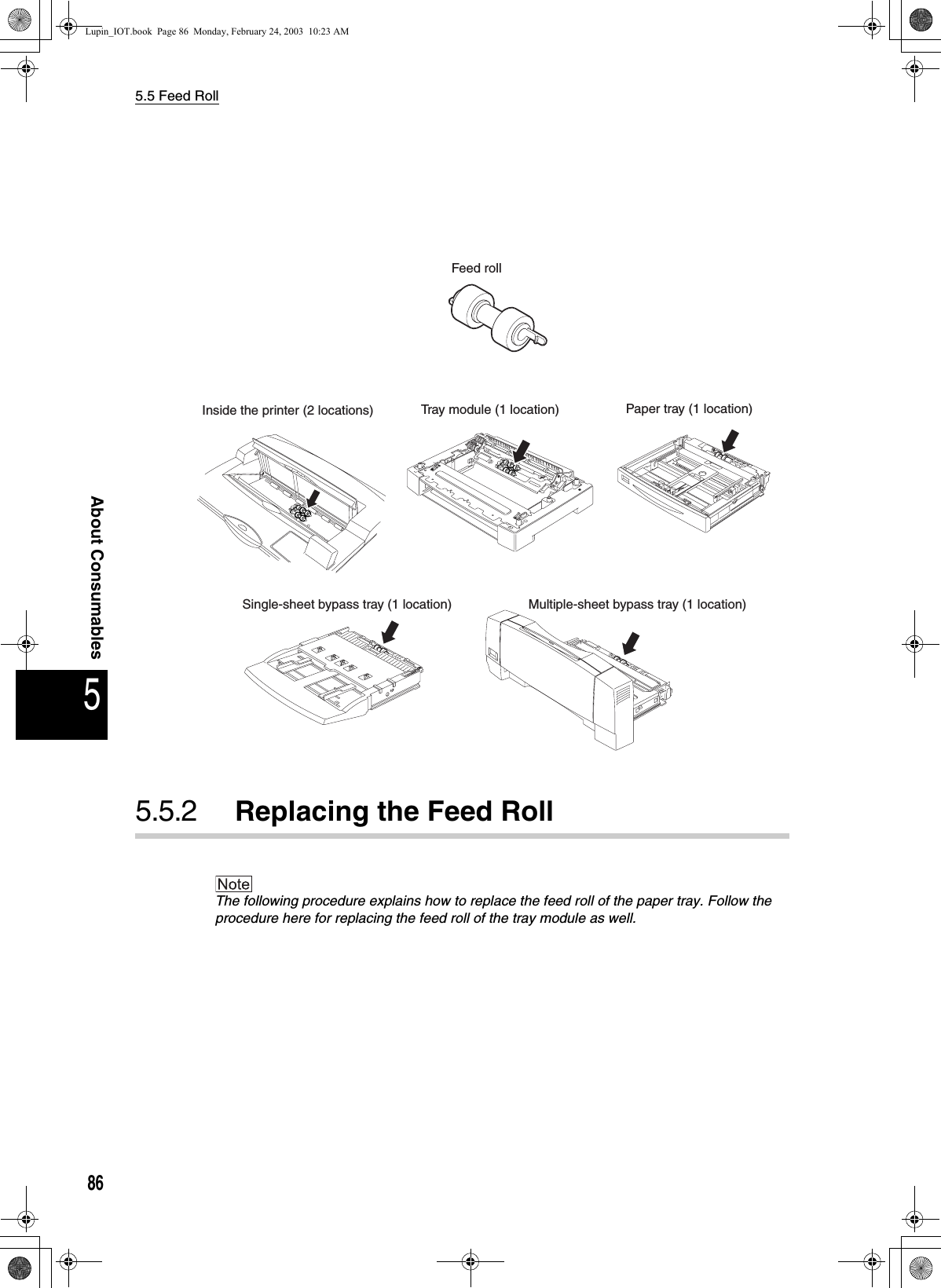 5.5 Feed Roll865About Consumables5.5.2 Replacing the Feed RollThe following procedure explains how to replace the feed roll of the paper tray. Follow the procedure here for replacing the feed roll of the tray module as well. Inside the printer (2 locations)Single-sheet bypass tray (1 location) Multiple-sheet bypass tray (1 location)Feed rollTray module (1 location) Paper tray (1 location)Lupin_IOT.book  Page 86  Monday, February 24, 2003  10:23 AM