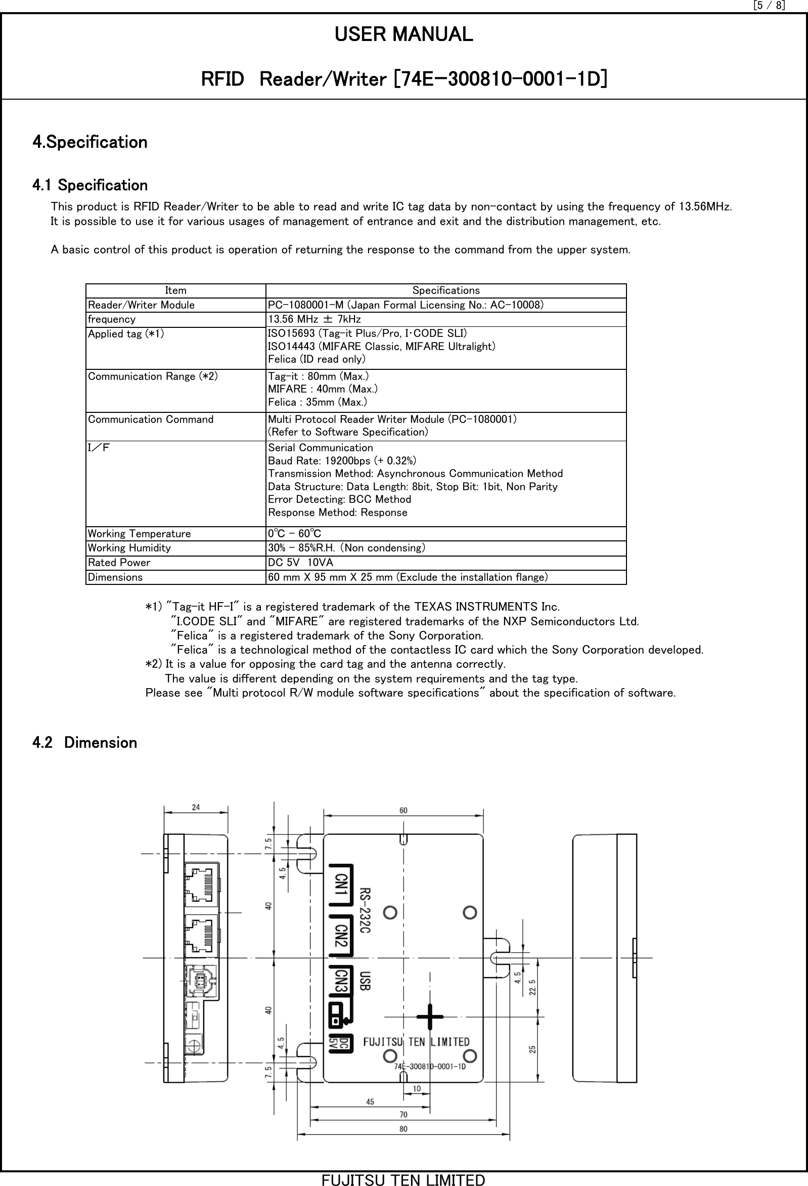 This product is RFID Reader/Writer to be able to read and write IC tag data by non-contact by using the frequency of 13.56MHz. It is possible to use it for various usages of management of entrance and exit and the distribution management, etc.A basic control of this product is operation of returning the response to the command from the upper system. *1) &quot;Tag-it HF-I&quot; is a registered trademark of the TEXAS INSTRUMENTS Inc. 　　　&quot;I.CODE SLI&quot; and &quot;MIFARE&quot; are registered trademarks of the NXP Semiconductors Ltd. 　　　&quot;Felica&quot; is a registered trademark of the Sony Corporation. 　　　&quot;Felica&quot; is a technological method of the contactless IC card which the Sony Corporation developed. *2) It is a value for opposing the card tag and the antenna correctly.      The value is different depending on the system requirements and the tag type. Please see &quot;Multi protocol R/W module software specifications&quot; about the specification of software. [5 / 8]4.2　Dimension4.1 SpecificationUSER MANUALRFID　Reader/Writer [74Eｰ300810-0001-1D]4.SpecificationItem SpecificationsReader/Writer Module PC-1080001-M (Japan Formal Licensing No.: AC-10008)frequency 13.56 MHz ± 7kHzCommunication Range (*2) Tag-it : 80mm (Max.)MIFARE : 40mm (Max.)Felica : 35mm (Max.)Applied tag (*1) ISO15693 (Tag-it Plus/Pro, I･CODE SLI)ISO14443 (MIFARE Classic, MIFARE Ultralight)Felica (ID read only)Working Temperature 0℃ - 60℃Dimensions 60 mm X 95 mm X 25 mm (Exclude the installation flange)Working Humidity 30% - 85%R.H. （Non condensing）Communication Command Multi Protocol Reader Writer Module (PC-1080001)(Refer to Software Specification)Ｉ／Ｆ Serial CommunicationBaud Rate: 19200bps (+ 0.32%)Transmission Method: Asynchronous Communication MethodData Structure: Data Length: 8bit, Stop Bit: 1bit, Non ParityError Detecting: BCC MethodResponse Method: ResponseRated Power DC 5V  10VAFUJITSU TEN LIMITED