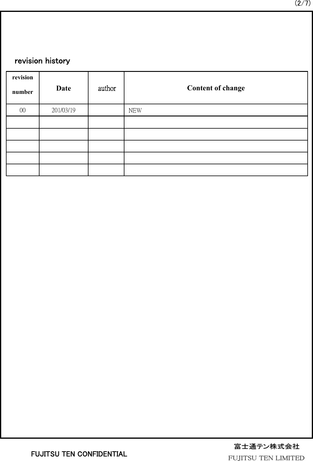 (2/7)revision historyNEW201/03/1900Content of changeauthorDaterevision numberFUJITSU TEN CONFIDENTIAL
