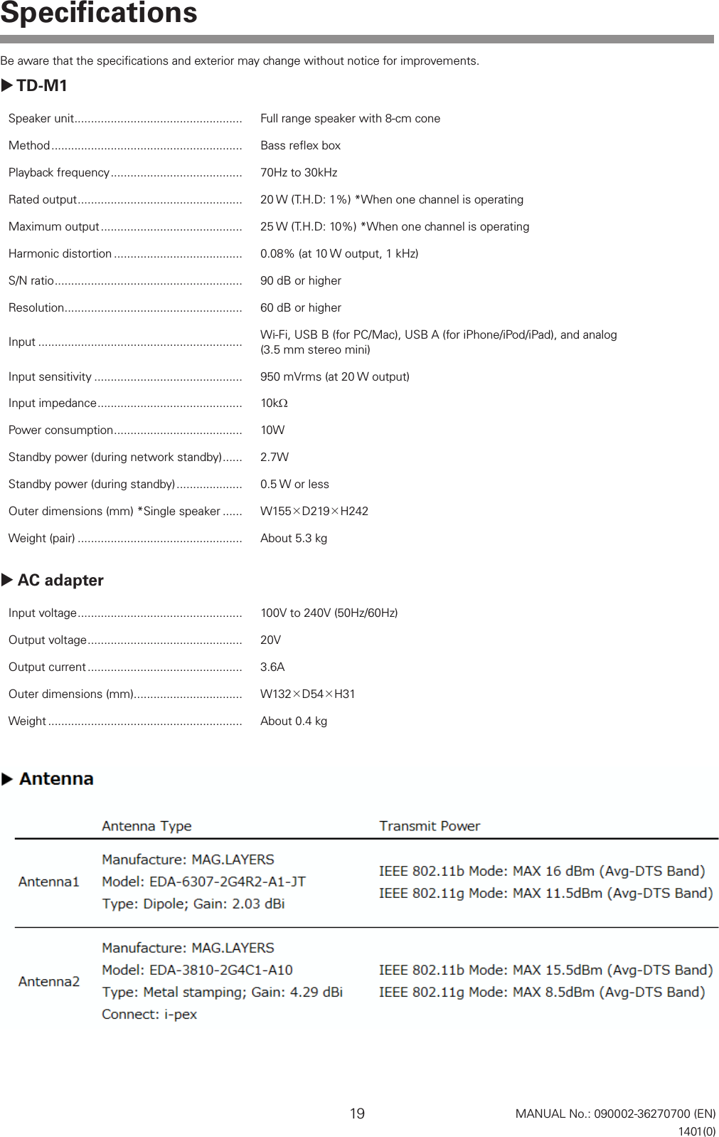 19SpeciﬁcationsBe aware that the speciﬁcations and exterior may change without notice for improvements. TD-M1Speaker unit ................................................... Full range speaker with 8-cm coneMethod .......................................................... Bass reﬂex boxPlayback frequency ........................................ 70Hz to 30kHzRated output .................................................. 20 W (T.H.D: 1%) *When one channel is operatingMaximum output ........................................... 25 W (T.H.D: 10%) *When one channel is operatingHarmonic distortion ....................................... 0.08% (at 10 W output, 1 kHz)S/N ratio ......................................................... 90 dB or higherResolution ...................................................... 60 dB or higherInput .............................................................. Wi-Fi, USB B (for PC/Mac), USB A (for iPhone/iPod/iPad), and analog  (3.5 mm stereo mini)Input sensitivity ............................................. 950 mVrms (at 20 W output)Input impedance ............................................ 10k&Omega;Power consumption ....................................... 10WStandby power (during network standby) ...... 2.7WStandby power (during standby) .................... 0.5 W or lessOuter dimensions (mm) *Single speaker ...... W155D219H242Weight (pair) .................................................. About 5.3 kg AC adapterInput voltage .................................................. 100V to 240V (50Hz/60Hz)Output voltage ............................................... 20VOutput current ............................................... 3.6AOuter dimensions (mm) ................................. W132D54H31Weight ........................................................... About 0.4 kgMANUAL No.: 090002-36270700 (EN)  1401(0)