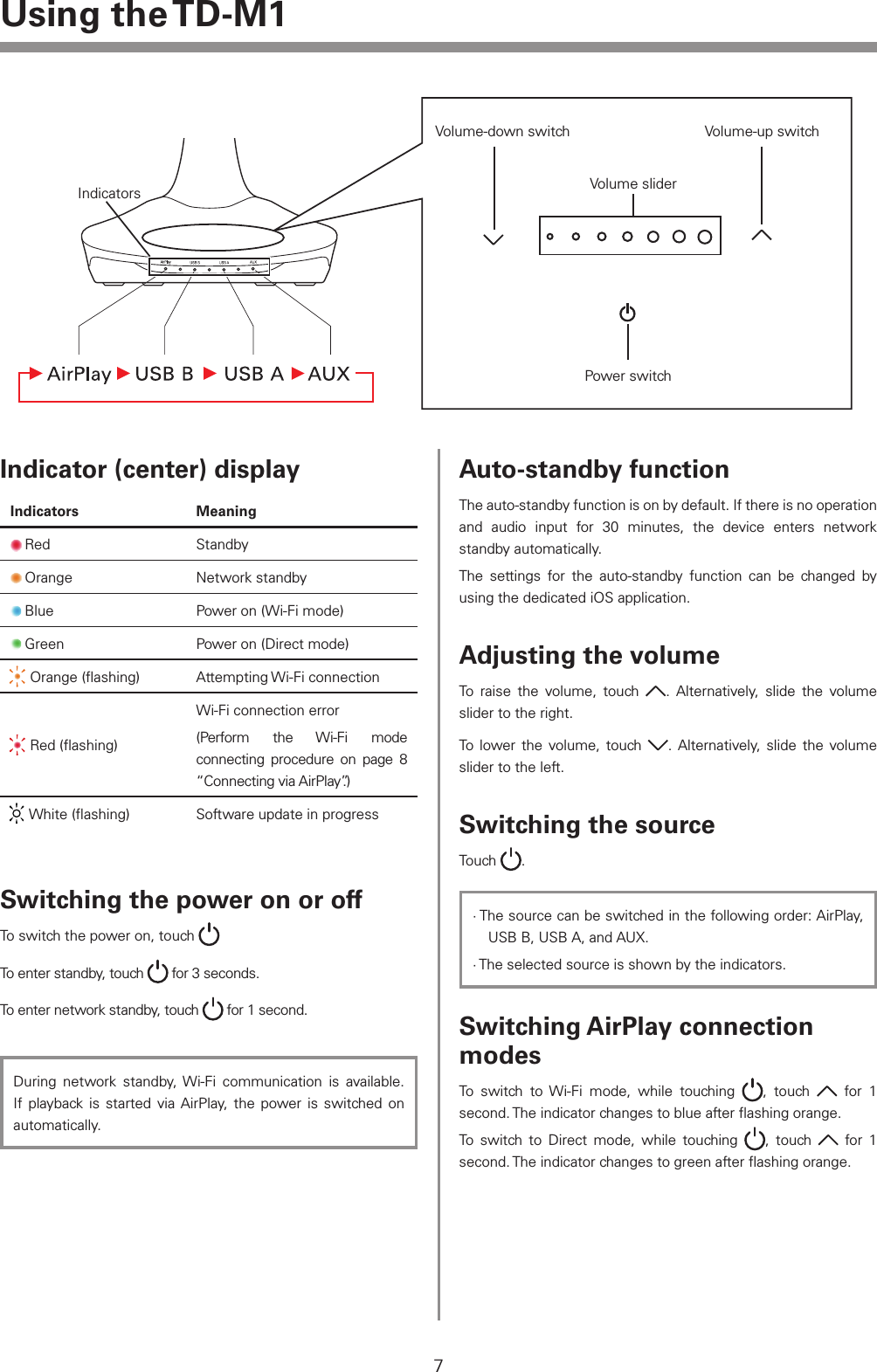 7Using  the TD-M1Indicator (center) displayIndicators Meaning Red Standby Orange Network standby Blue Power on (Wi-Fi mode) Green Power on (Direct mode) Orange (ﬂashing) Attempting Wi-Fi connection Red (ﬂashing)Wi-Fi connection error (Perform the Wi-Fi mode connecting procedure on page 8  &ldquo;Connecting via AirPlay&rdquo;.) White (ﬂashing) Software update in progressSwitching the power on or offTo switch the power on, touch   To enter standby, touch   for 3 seconds.To enter network standby, touch   for 1 second. During network standby, Wi-Fi communication is available. If playback is started via AirPlay, the power is switched on automatically.Auto-standby functionThe auto-standby function is on by default. If there is no operation and audio input for 30 minutes, the device enters network standby automatically.The settings for the auto-standby function can be changed by using the dedicated iOS application.Adjusting the volumeTo raise the volume, touch  . Alternatively, slide the volume slider to the right.To lower the volume, touch  . Alternatively, slide the volume slider to the left.Switching the sourceTouch  .&middot; The source can be switched in the following order: AirPlay, USB B, USB A, and AUX.&middot; The selected source is shown by the indicators.Switching AirPlay connection modesTo switch to Wi-Fi mode, while touching  , touch   for 1 second. The indicator changes to blue after ﬂashing orange.To switch to Direct mode, while touching  , touch   for 1 second. The indicator changes to green after ﬂashing orange.Indicators Volume sliderPower switchVolume-down switch Volume-up switch